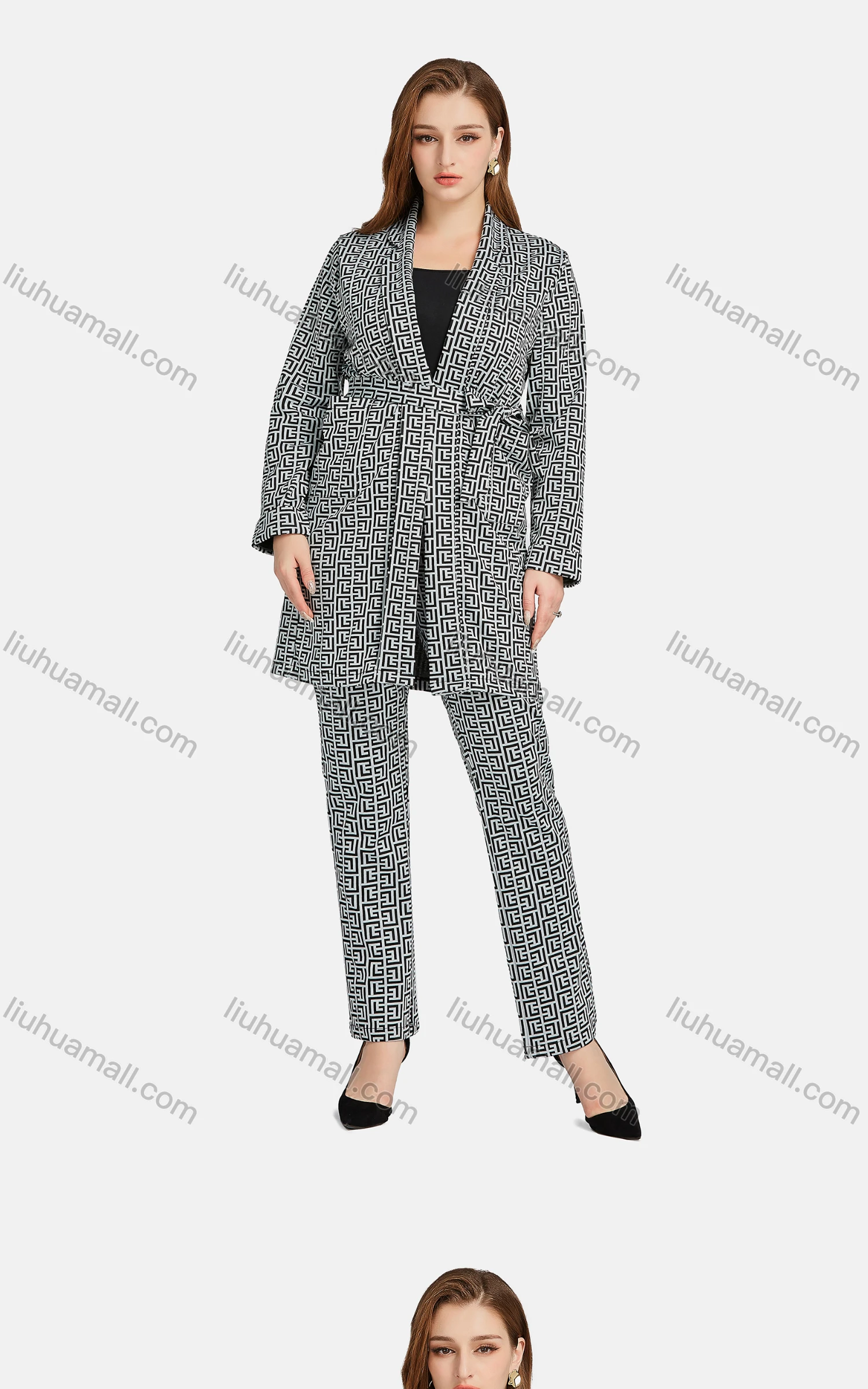 Wholesale Women's Casual Lapel Tie Front Greek Key Patch Pockets Cardigan 2-piece Set - Liuhuamall