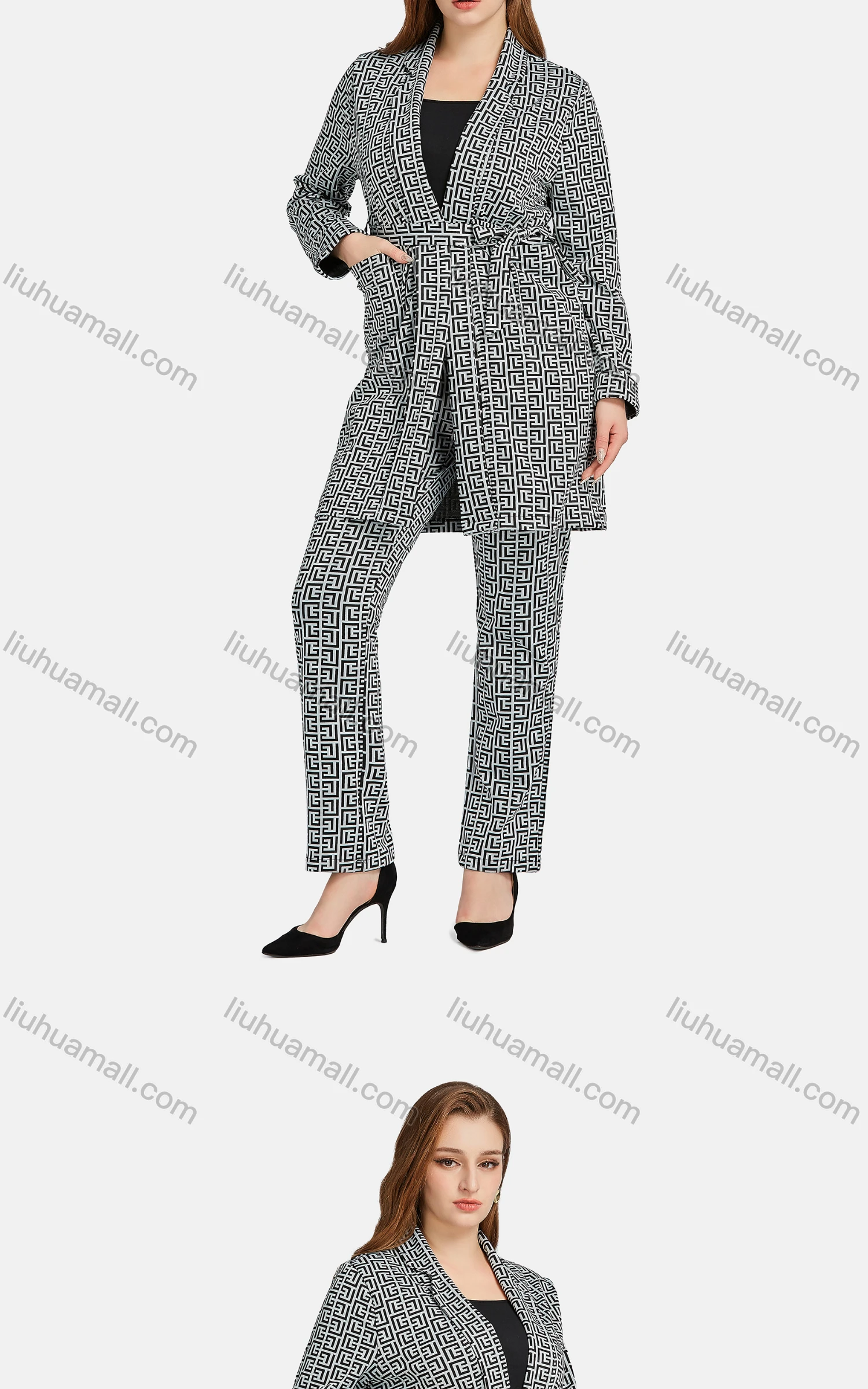 Wholesale Women's Casual Lapel Tie Front Greek Key Patch Pockets Cardigan 2-piece Set - Liuhuamall