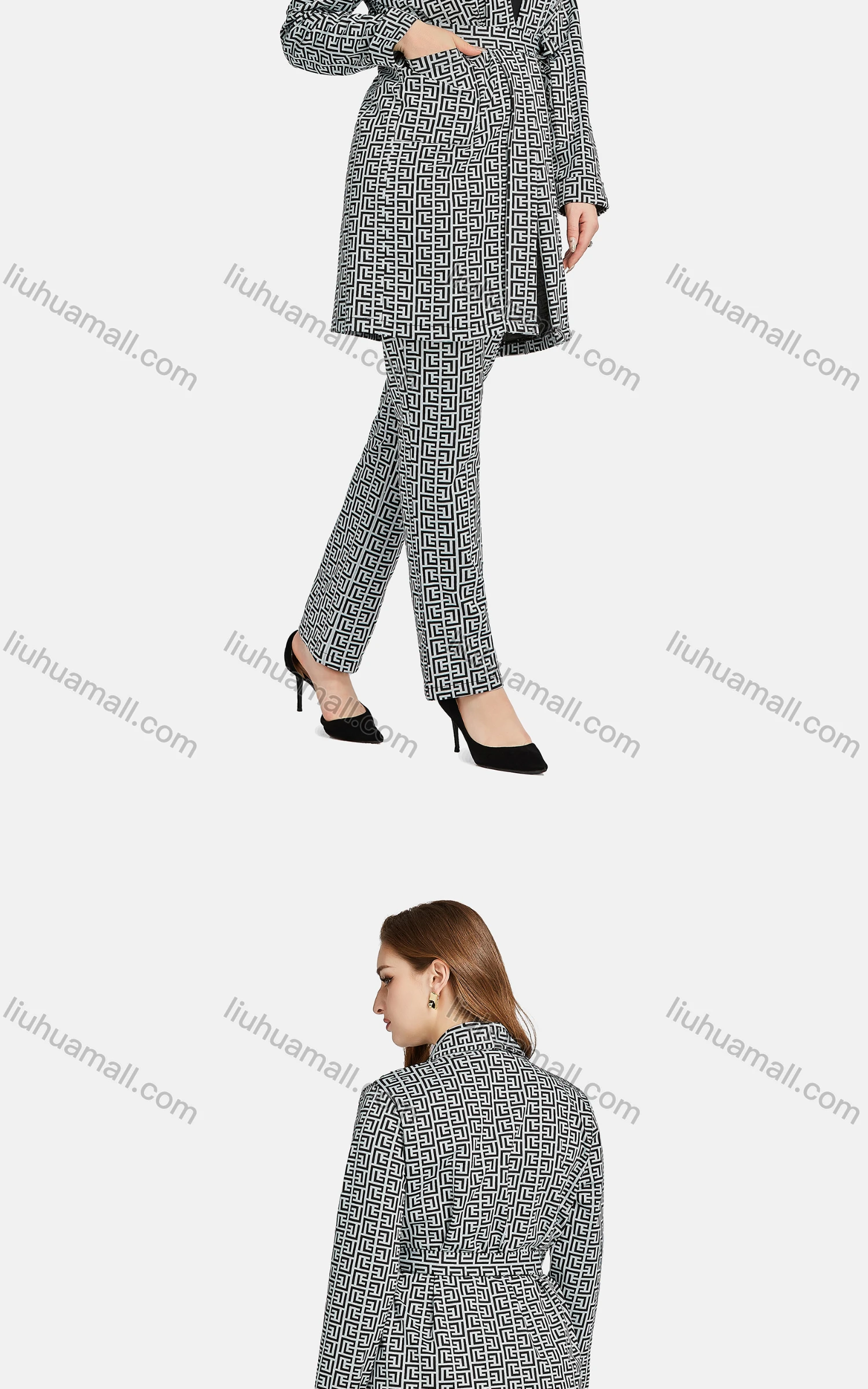Wholesale Women's Casual Lapel Tie Front Greek Key Patch Pockets Cardigan 2-piece Set - Liuhuamall