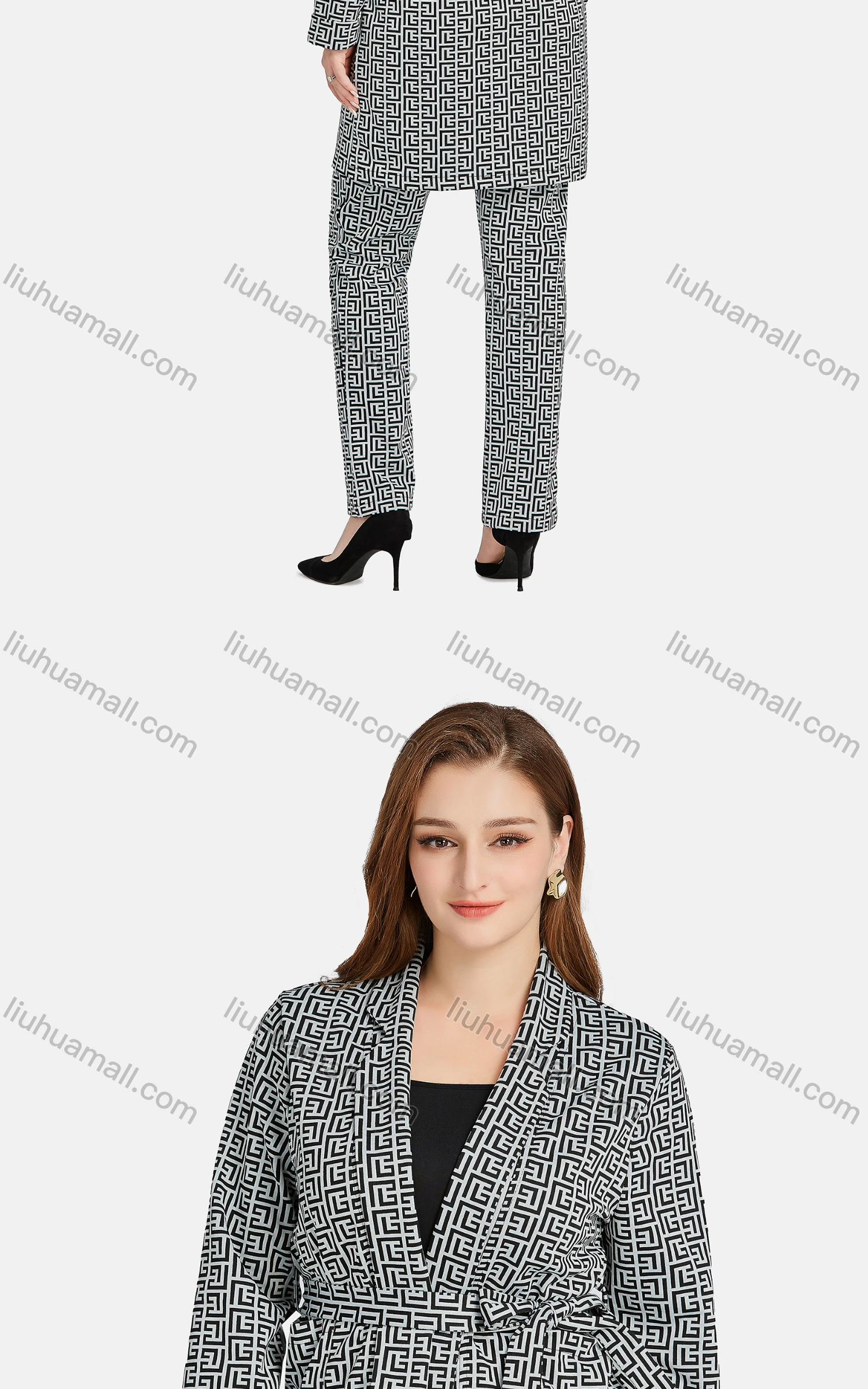 Wholesale Women's Casual Lapel Tie Front Greek Key Patch Pockets Cardigan 2-piece Set - Liuhuamall