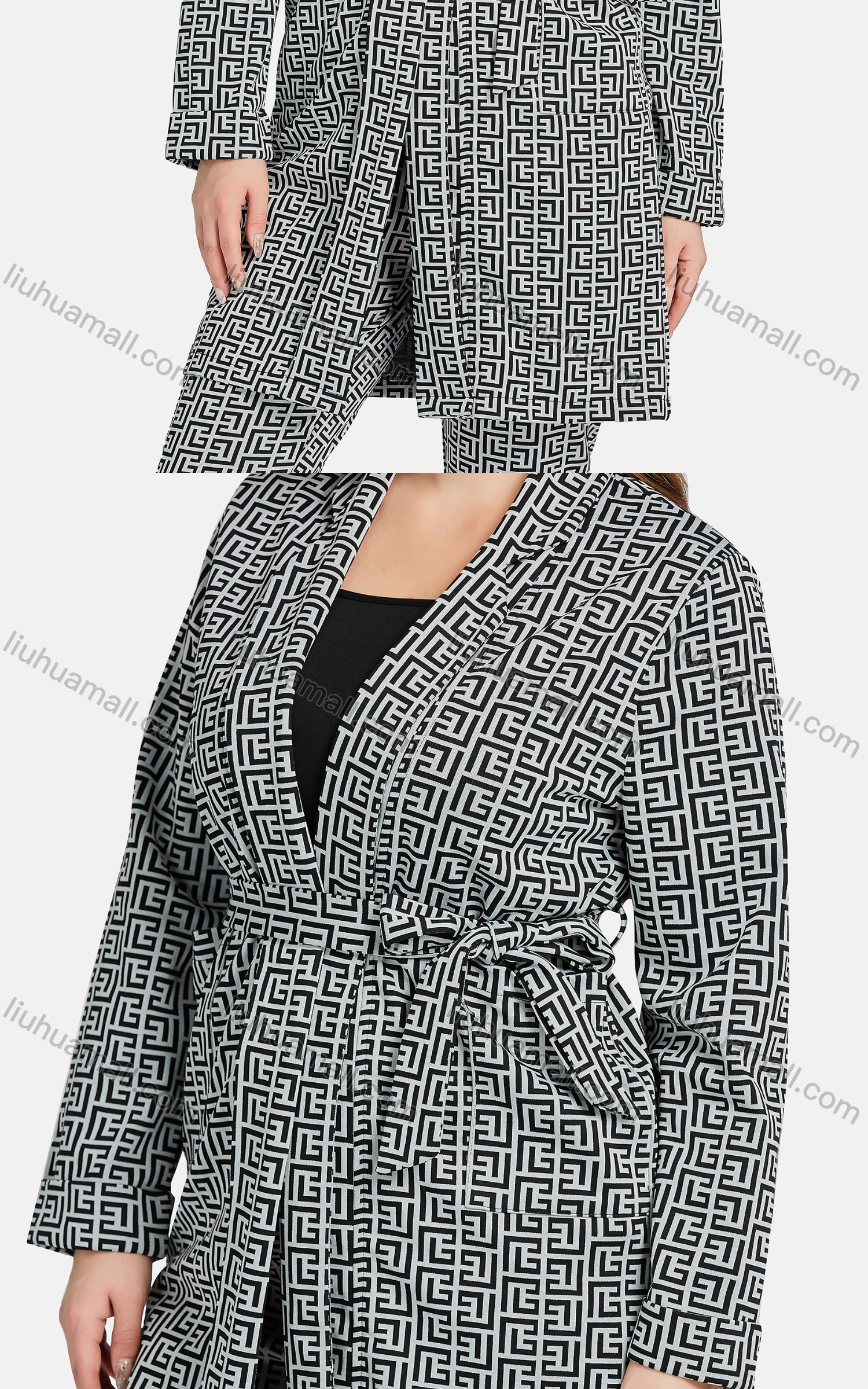 Wholesale Women's Casual Lapel Tie Front Greek Key Patch Pockets Cardigan 2-piece Set - Liuhuamall