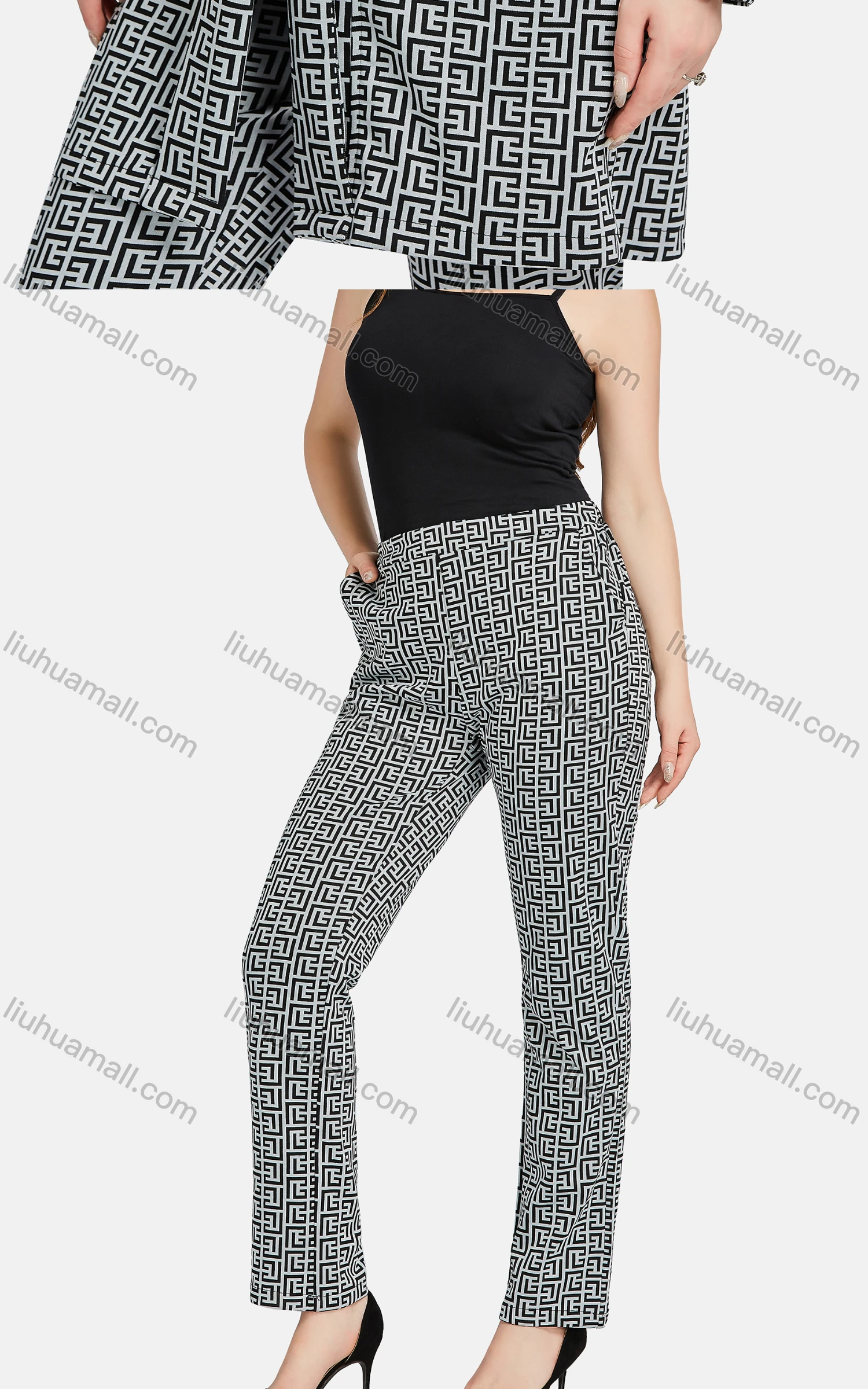 Wholesale Women's Casual Lapel Tie Front Greek Key Patch Pockets Cardigan 2-piece Set - Liuhuamall