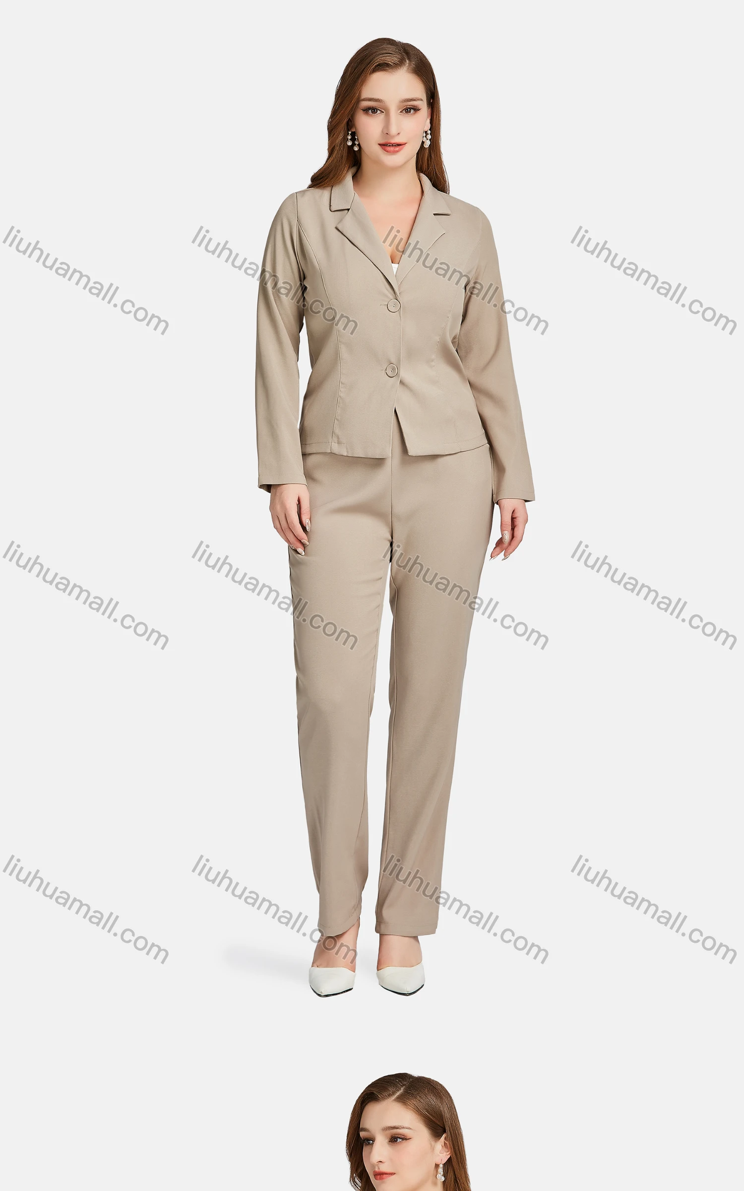 Wholesale Women's Casual Lapel Long Sleeve Single Breasted Plain Suit Jackets 2-piece Set - Liuhuamall