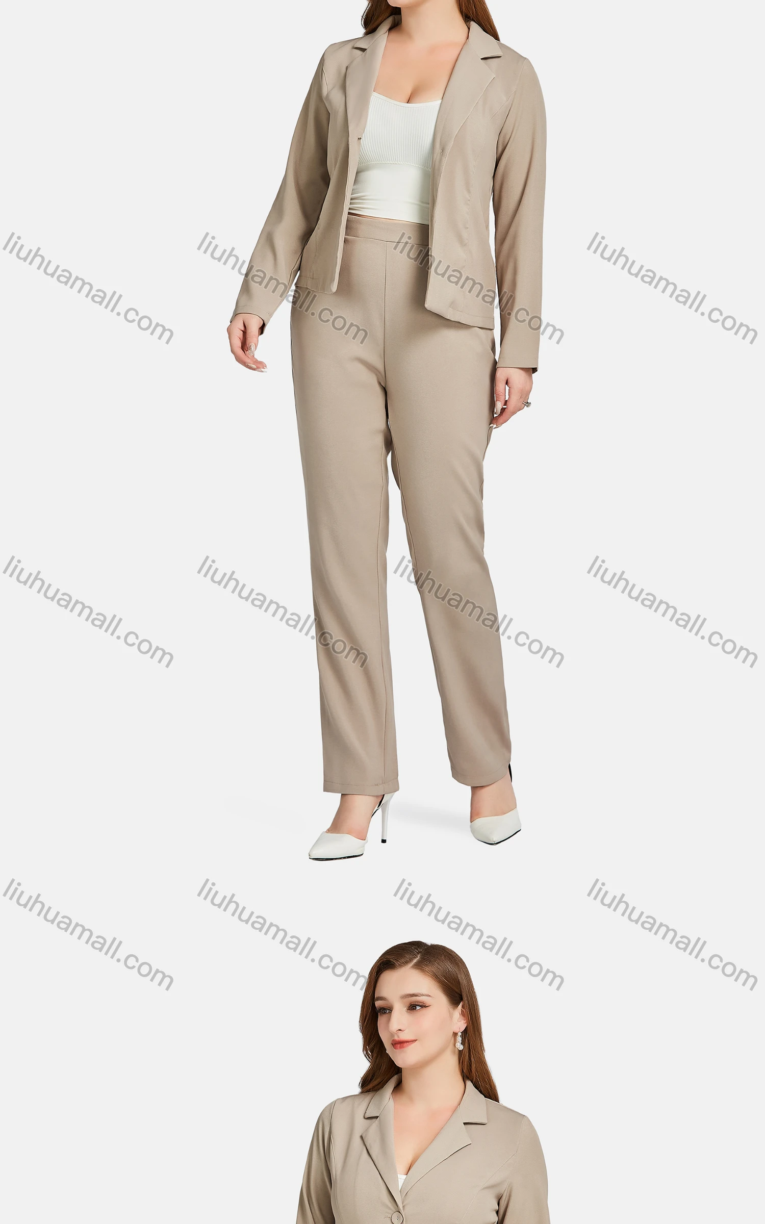 Wholesale Women's Casual Lapel Long Sleeve Single Breasted Plain Suit Jackets 2-piece Set - Liuhuamall