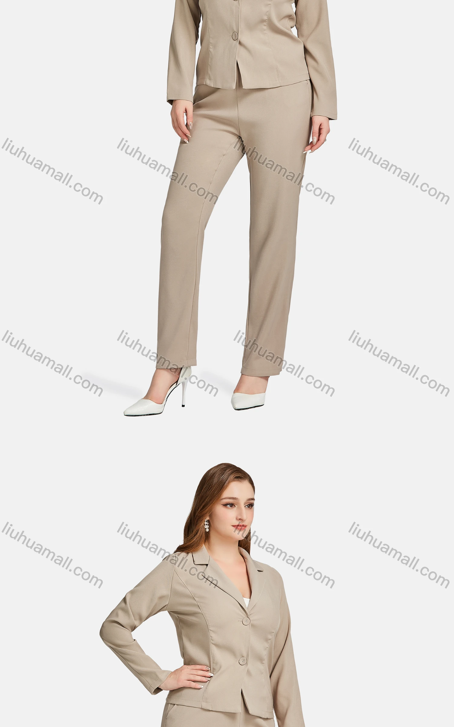 Wholesale Women's Casual Lapel Long Sleeve Single Breasted Plain Suit Jackets 2-piece Set - Liuhuamall