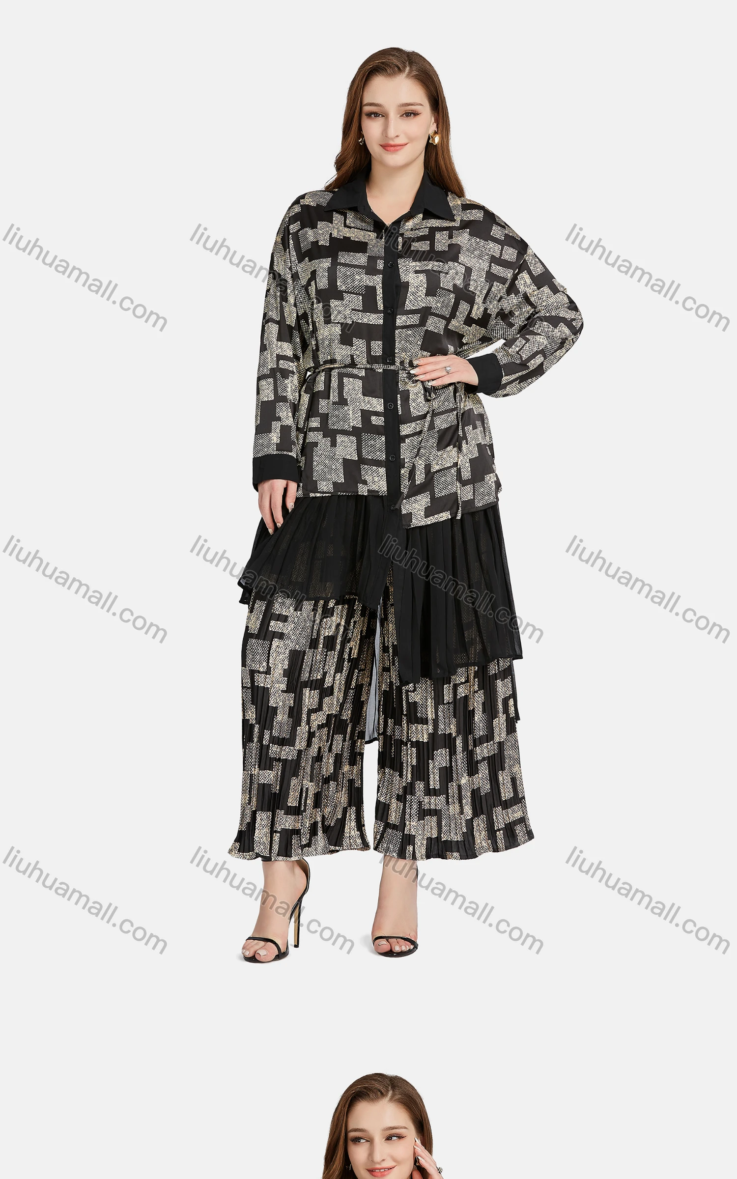 Wholesale Women's Casual Collared Long Sleeve Button Down Geo Print Shirt 2-piece Set - Liuhuamall