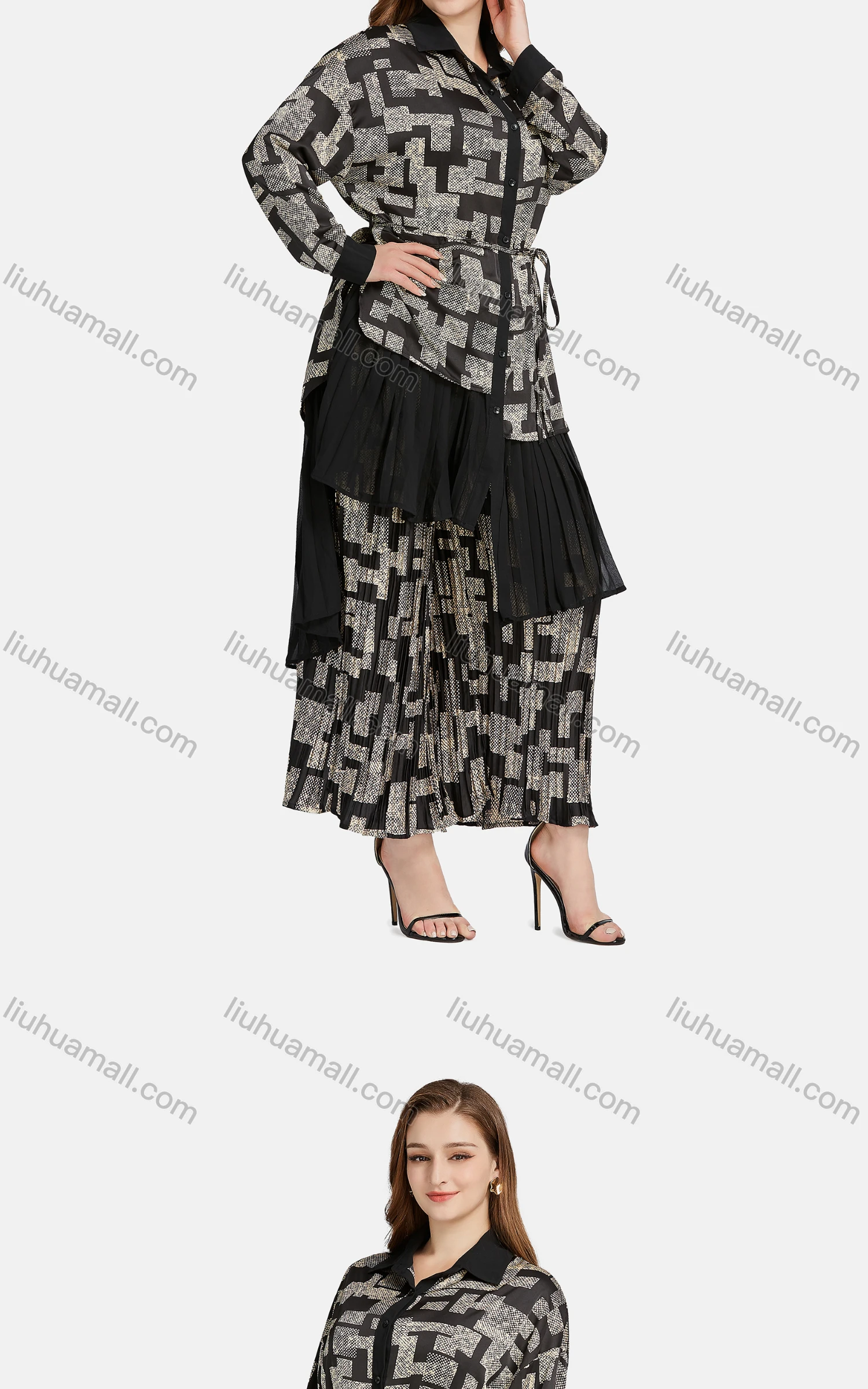 Wholesale Women's Casual Collared Long Sleeve Button Down Geo Print Shirt 2-piece Set - Liuhuamall