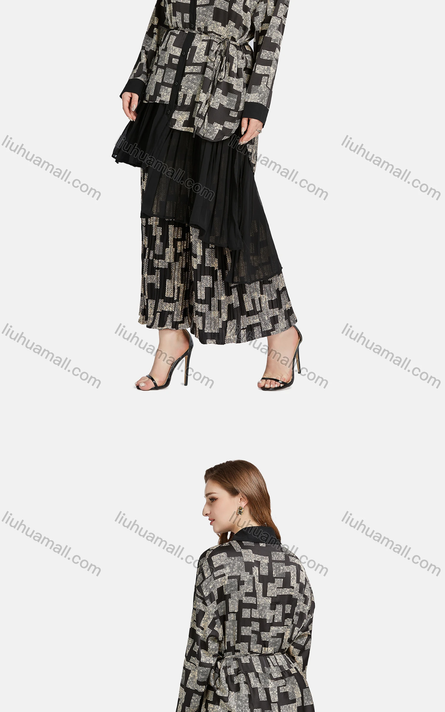 Wholesale Women's Casual Collared Long Sleeve Button Down Geo Print Shirt 2-piece Set - Liuhuamall