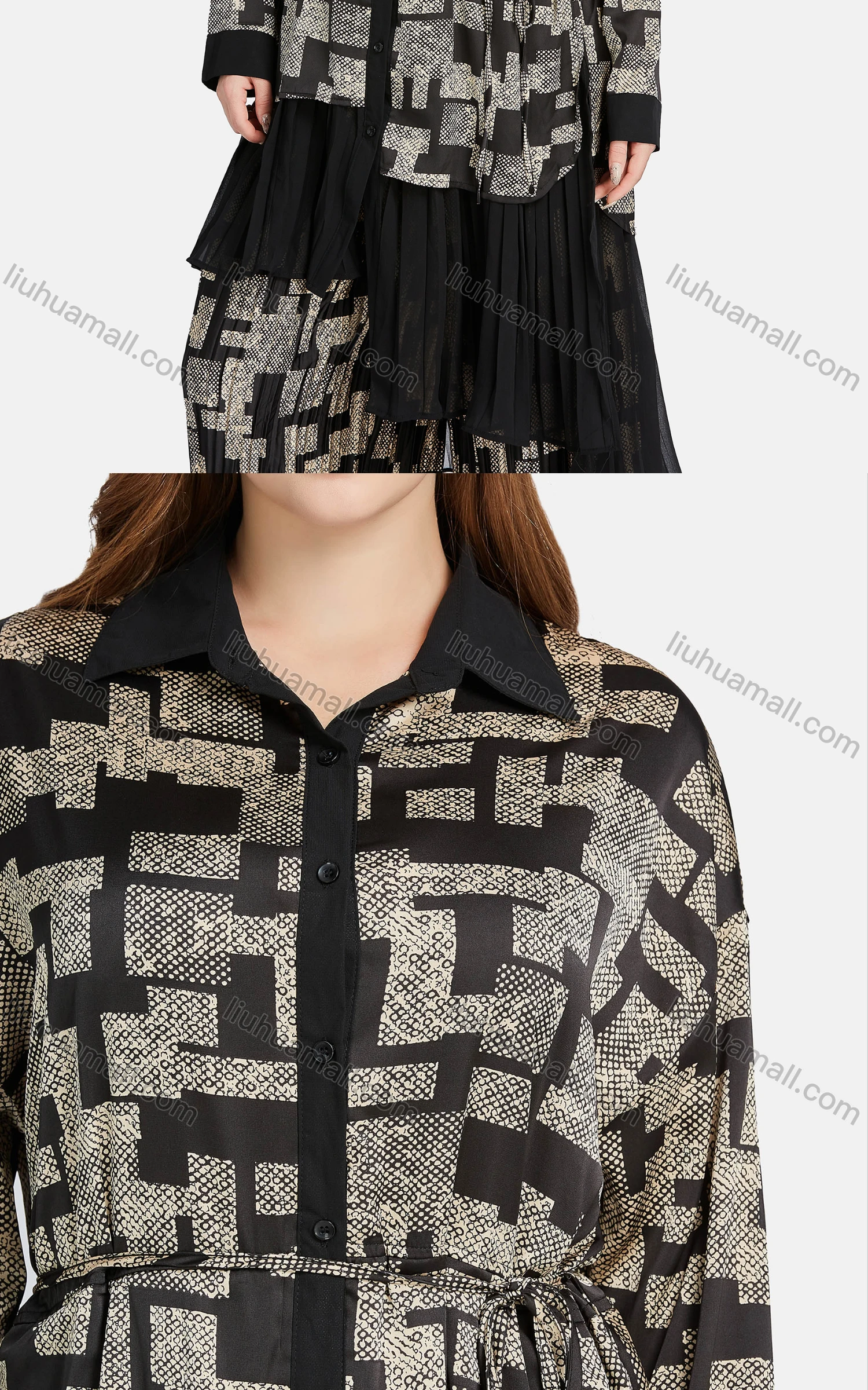 Wholesale Women's Casual Collared Long Sleeve Button Down Geo Print Shirt 2-piece Set - Liuhuamall