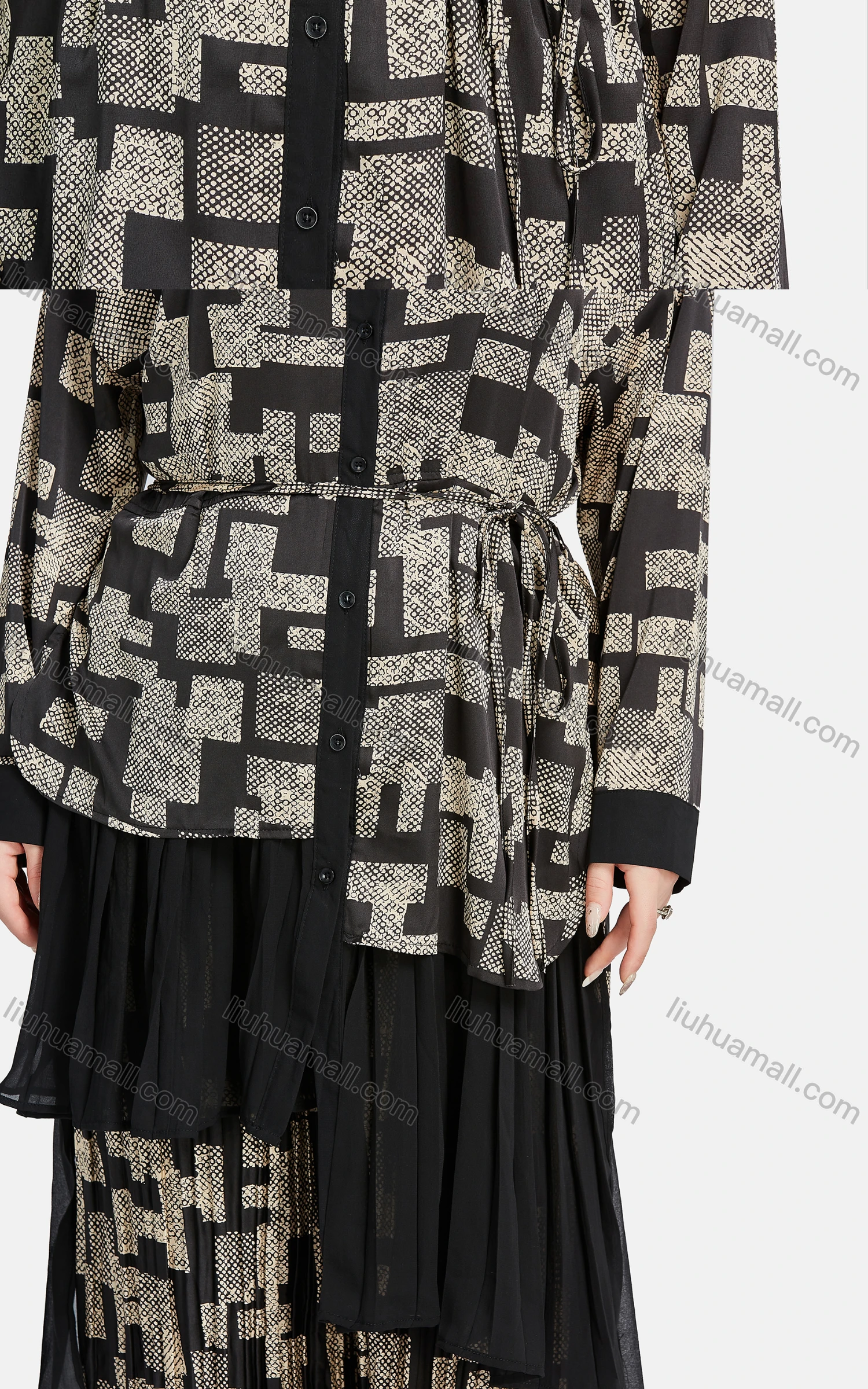 Wholesale Women's Casual Collared Long Sleeve Button Down Geo Print Shirt 2-piece Set - Liuhuamall