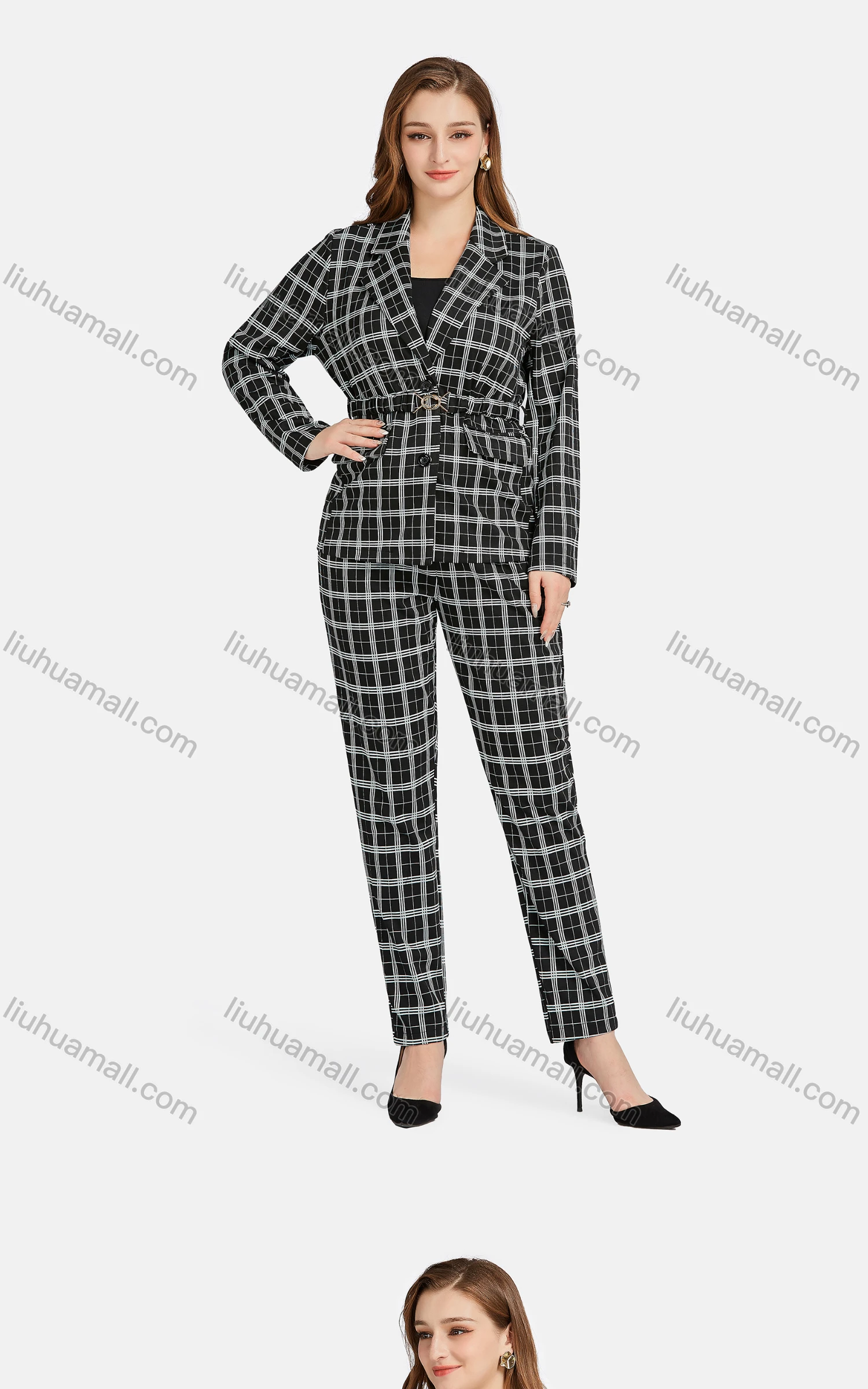 Wholesale Women's Formal Lapel Long Sleeve Single Breasted Belted Plaid Suit Jackets 2-piece Set - Liuhuamall