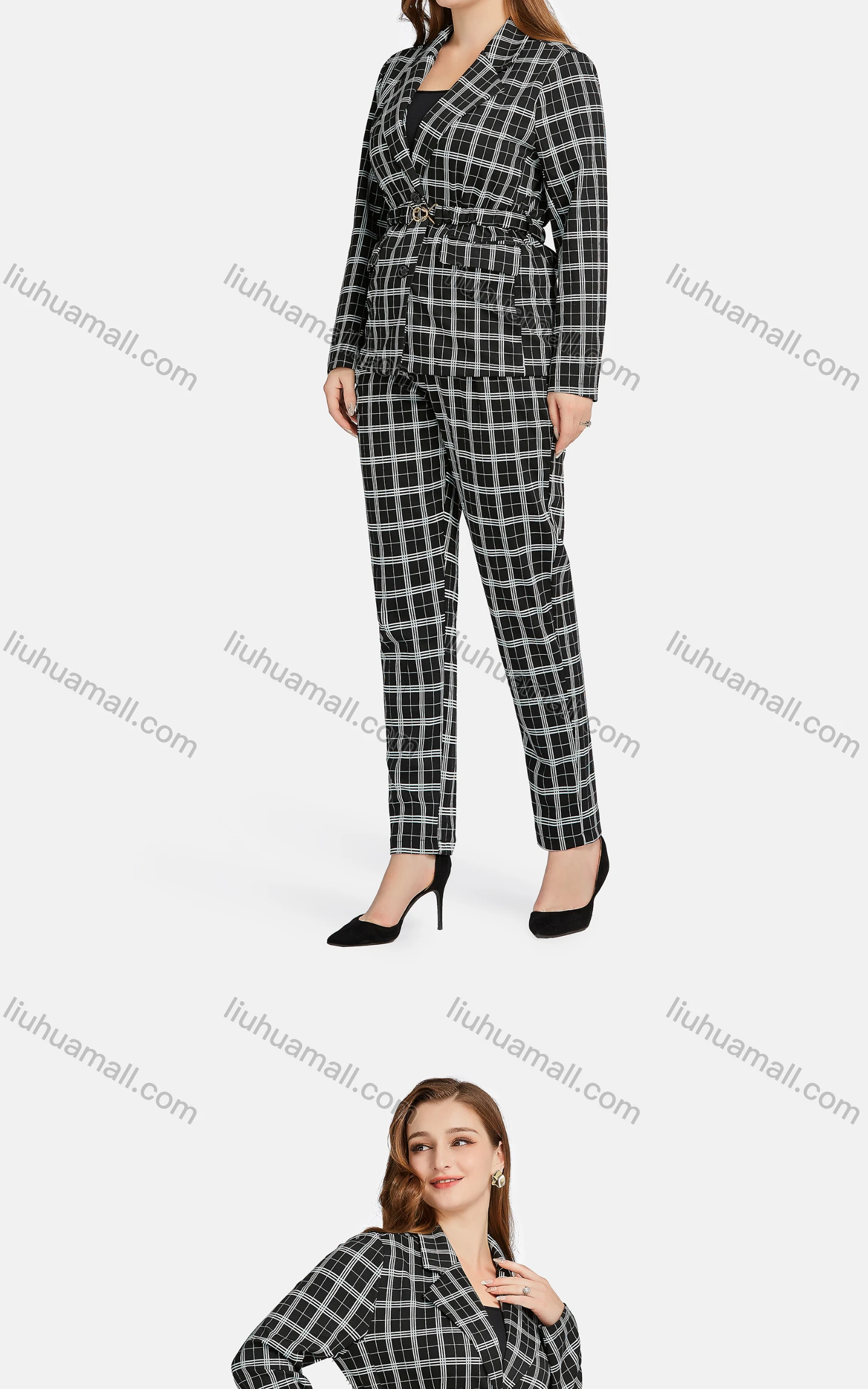 Wholesale Women's Formal Lapel Long Sleeve Single Breasted Belted Plaid Suit Jackets 2-piece Set - Liuhuamall
