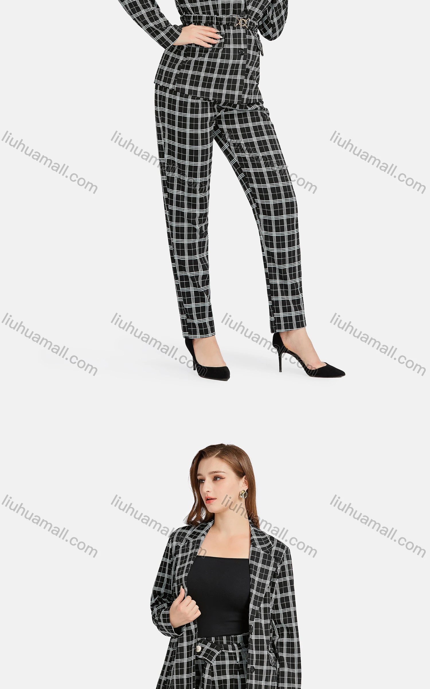 Wholesale Women's Formal Lapel Long Sleeve Single Breasted Belted Plaid Suit Jackets 2-piece Set - Liuhuamall