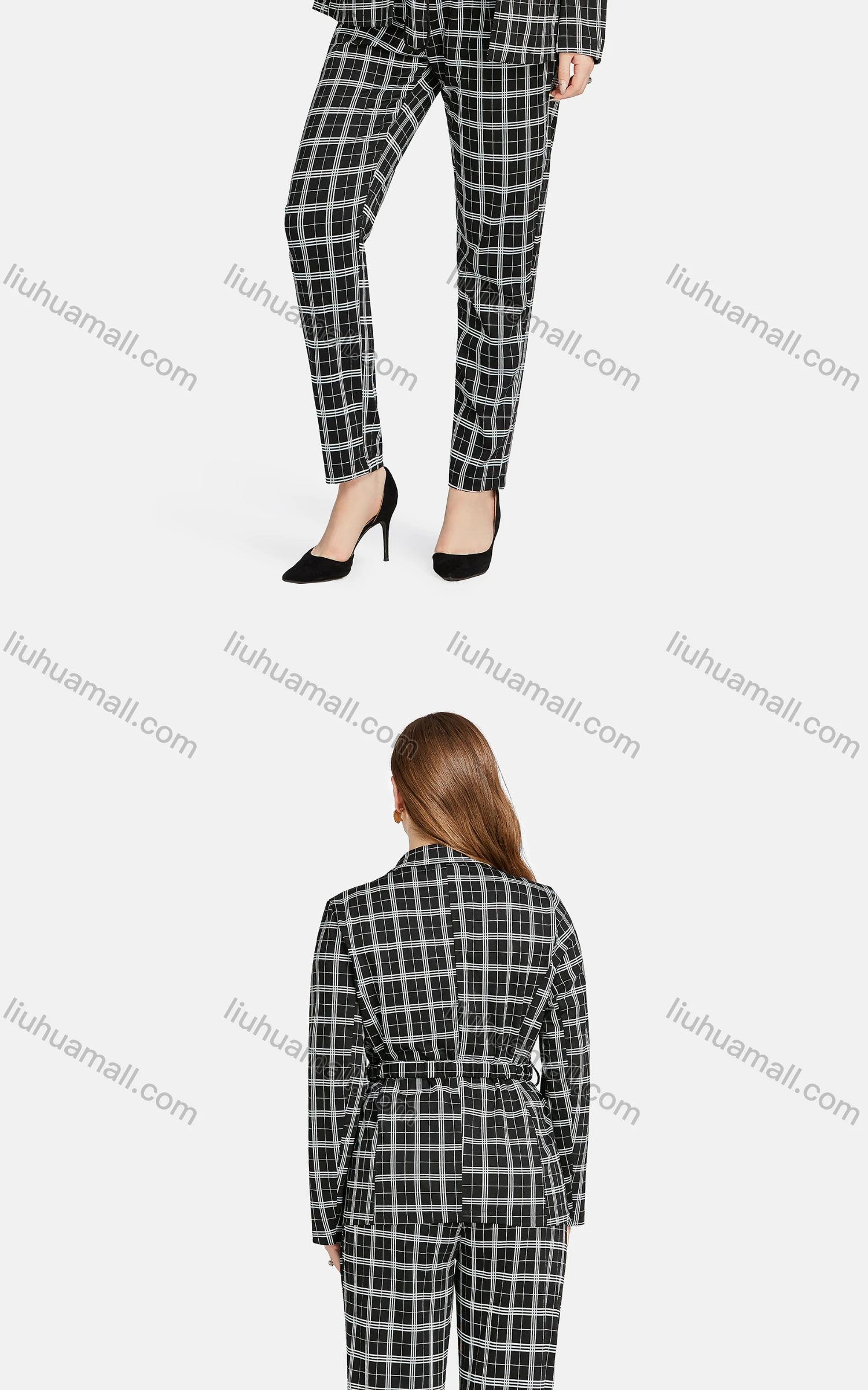 Wholesale Women's Formal Lapel Long Sleeve Single Breasted Belted Plaid Suit Jackets 2-piece Set - Liuhuamall