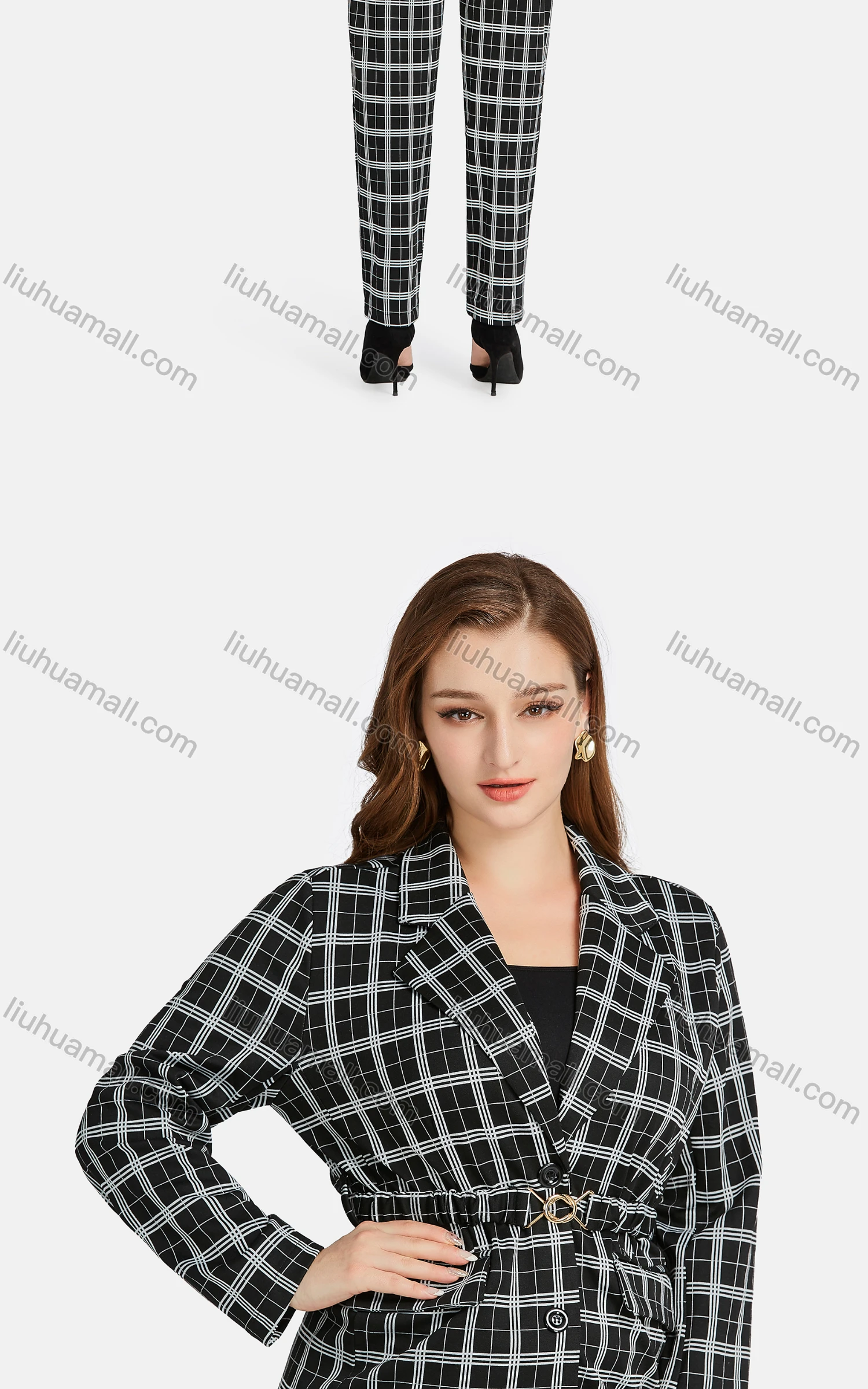 Wholesale Women's Formal Lapel Long Sleeve Single Breasted Belted Plaid Suit Jackets 2-piece Set - Liuhuamall