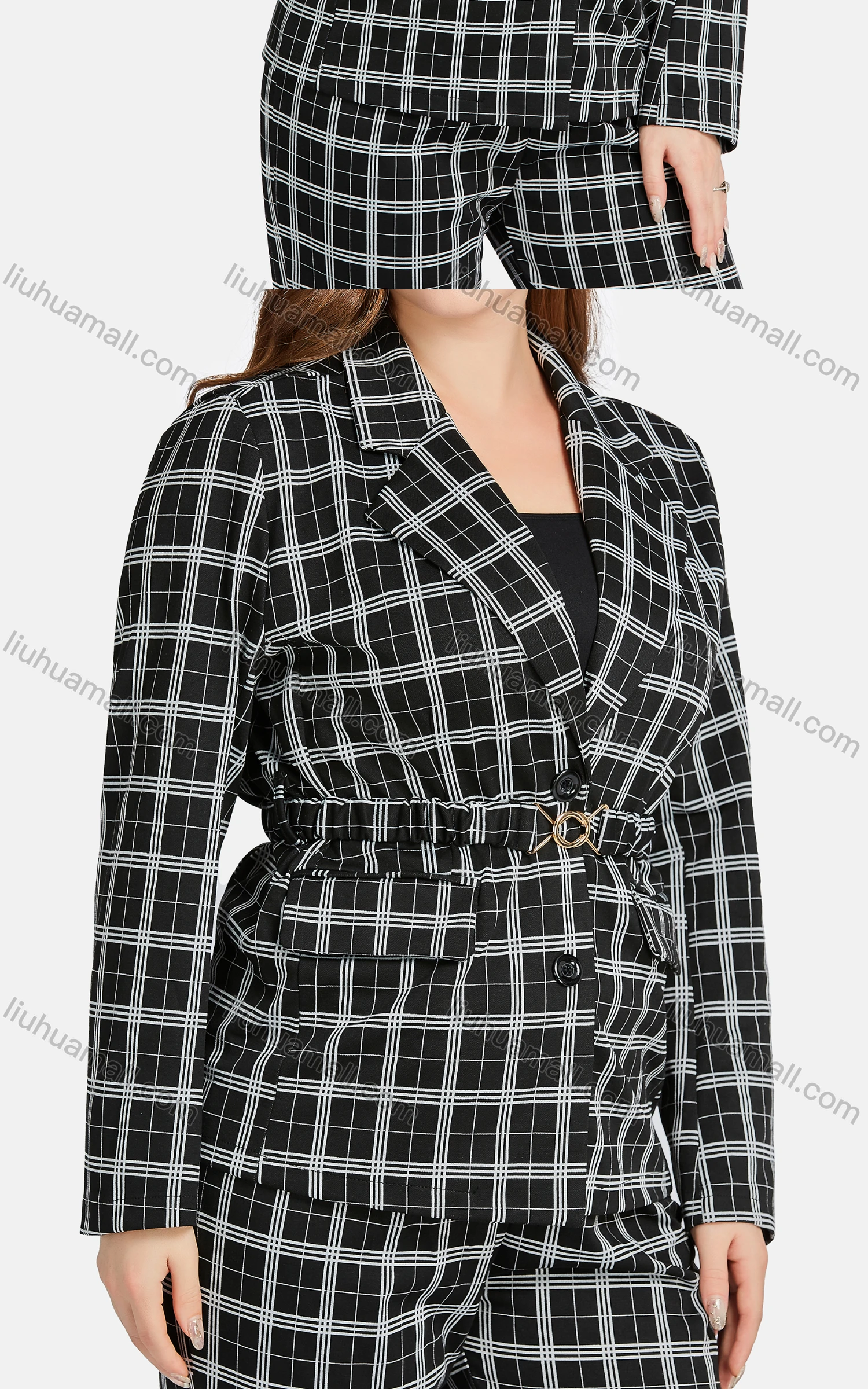 Wholesale Women's Formal Lapel Long Sleeve Single Breasted Belted Plaid Suit Jackets 2-piece Set - Liuhuamall