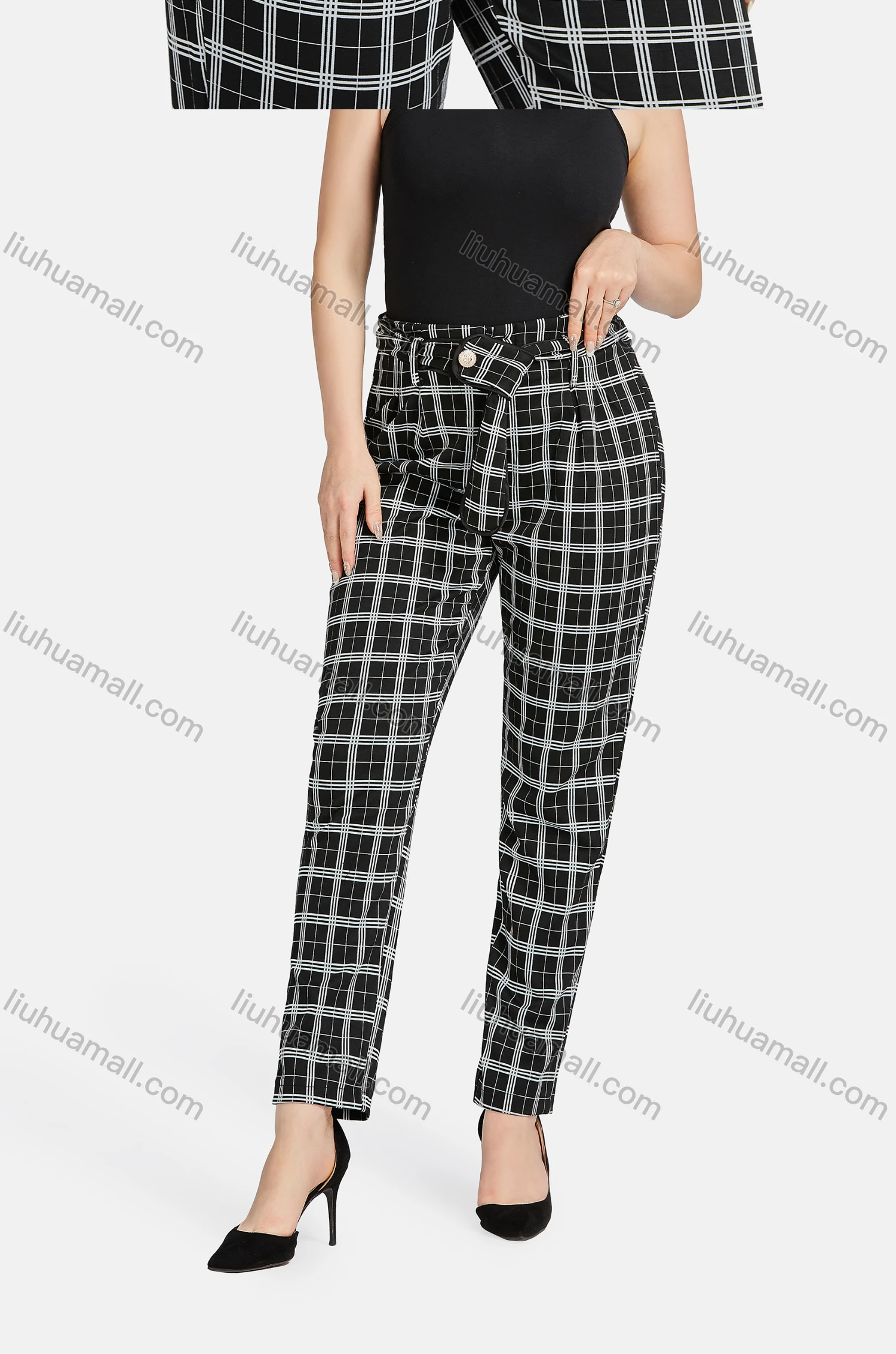 Wholesale Women's Formal Lapel Long Sleeve Single Breasted Belted Plaid Suit Jackets 2-piece Set - Liuhuamall