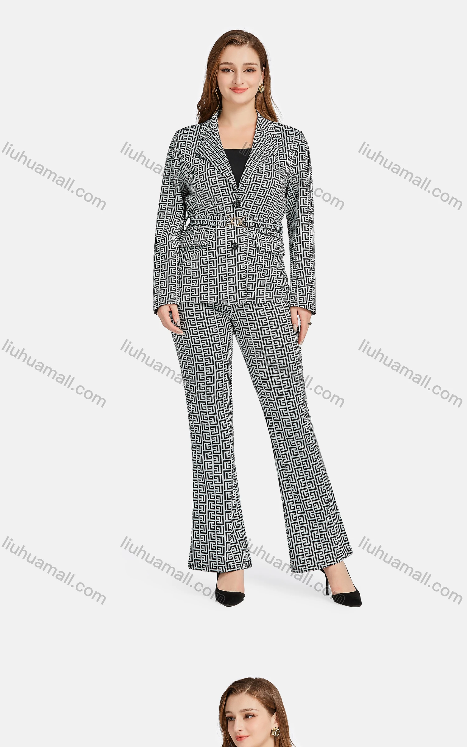 Wholesale Women's Formal Lapel Long Sleeve Single Breasted Belted Greek Key Suit Jackets 2-piece Set - Liuhuamall