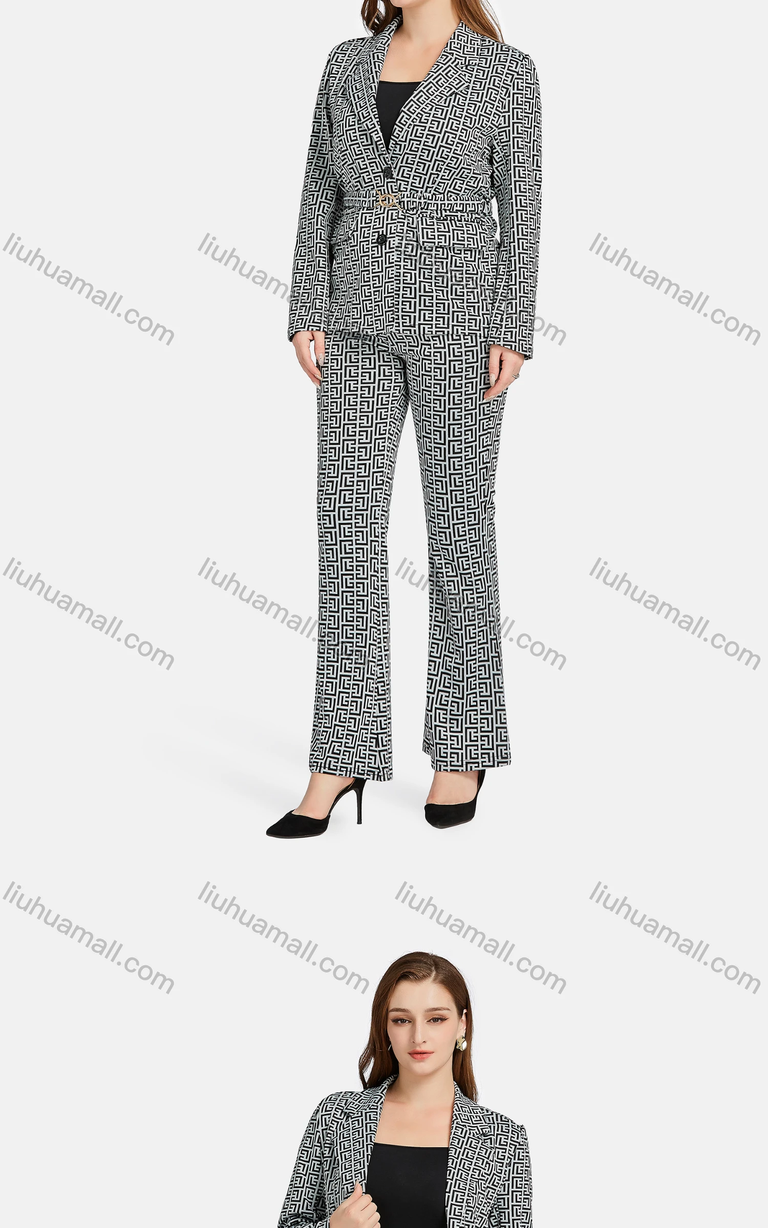 Wholesale Women's Formal Lapel Long Sleeve Single Breasted Belted Greek Key Suit Jackets 2-piece Set - Liuhuamall
