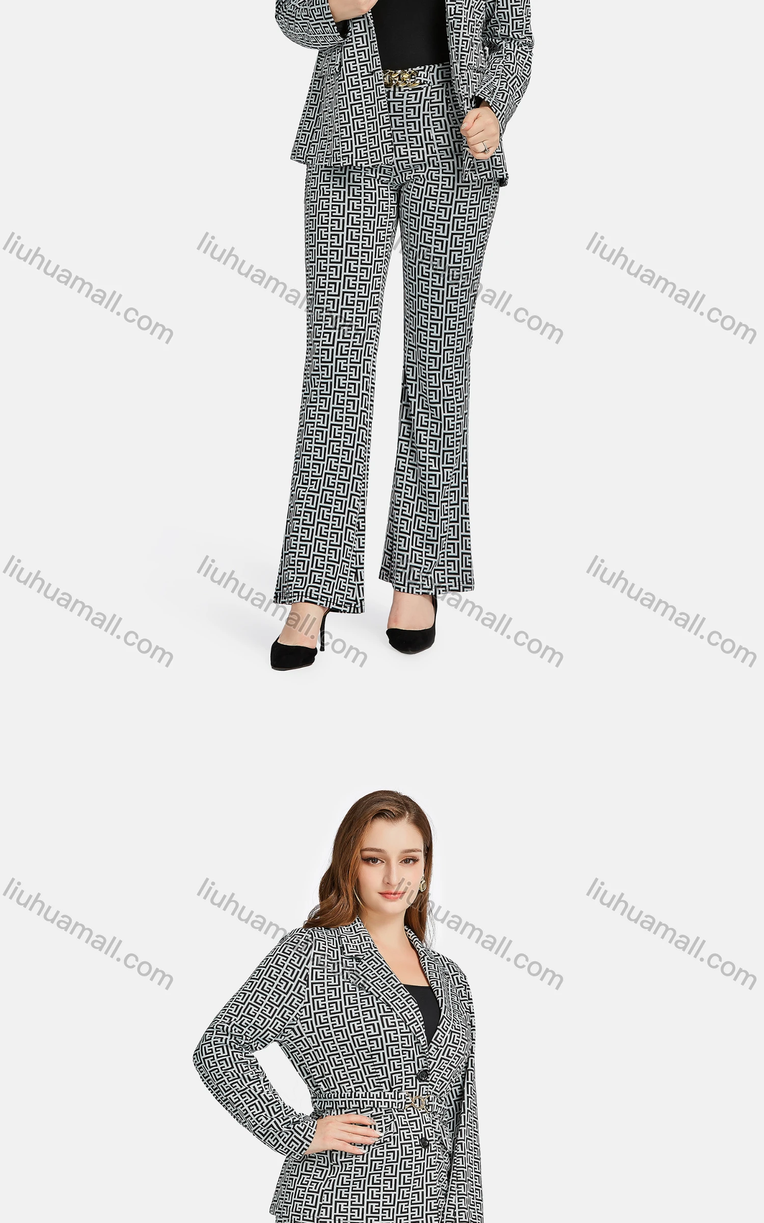 Wholesale Women's Formal Lapel Long Sleeve Single Breasted Belted Greek Key Suit Jackets 2-piece Set - Liuhuamall