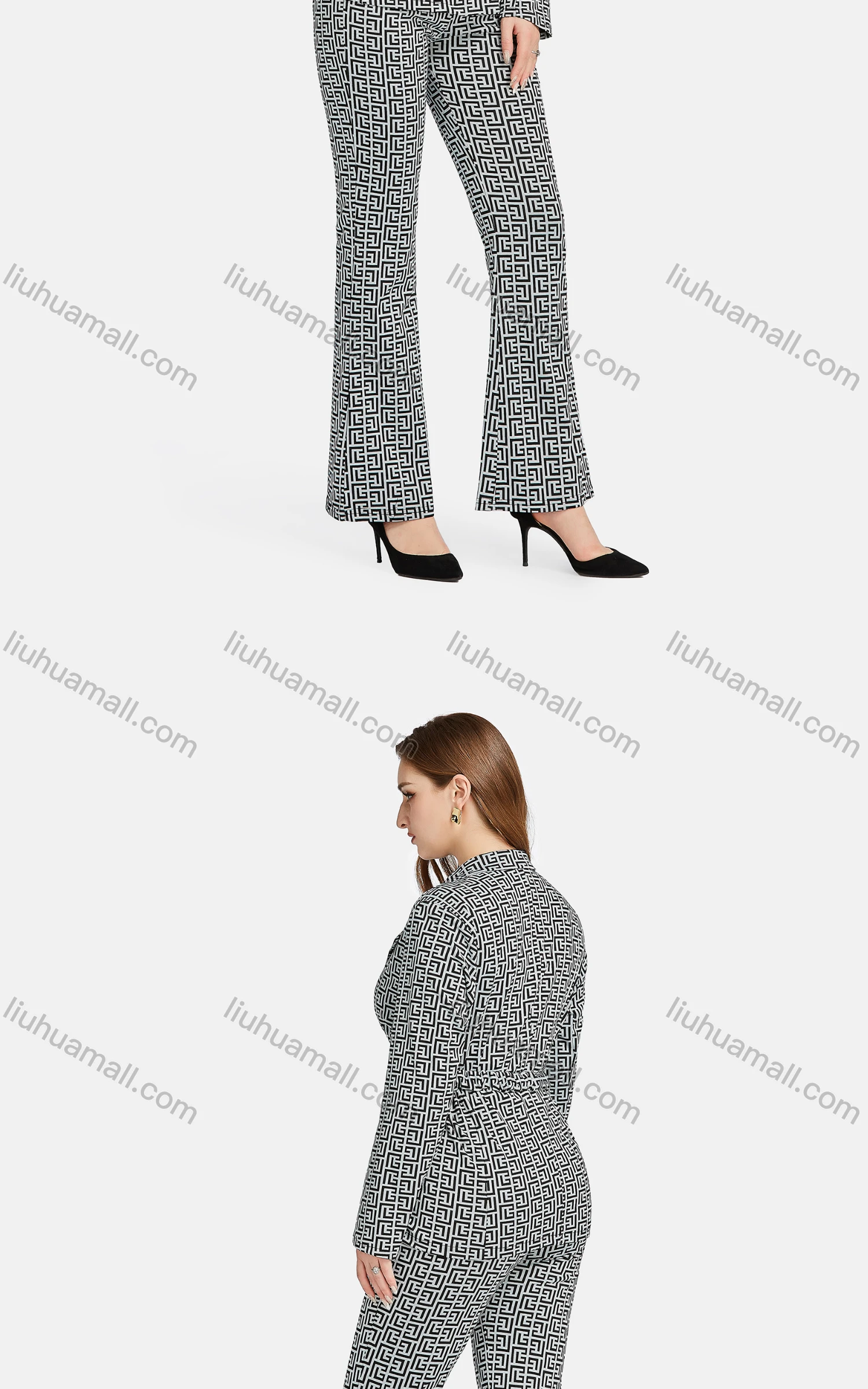 Wholesale Women's Formal Lapel Long Sleeve Single Breasted Belted Greek Key Suit Jackets 2-piece Set - Liuhuamall