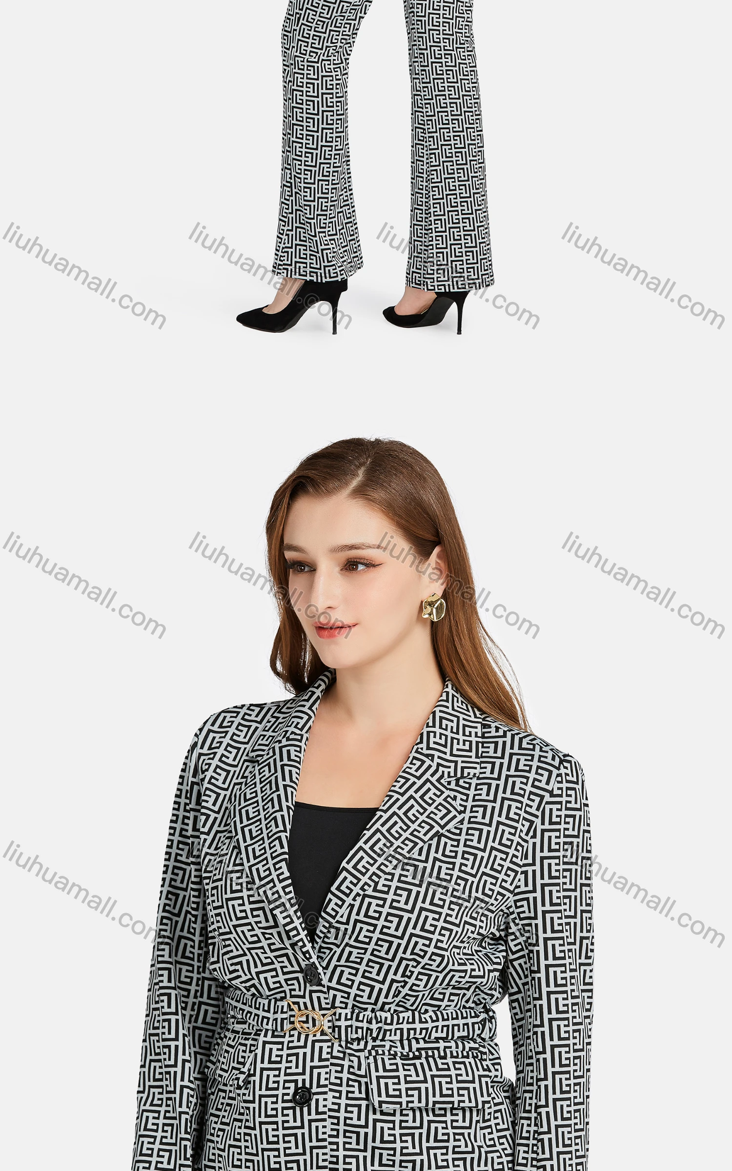 Wholesale Women's Formal Lapel Long Sleeve Single Breasted Belted Greek Key Suit Jackets 2-piece Set - Liuhuamall