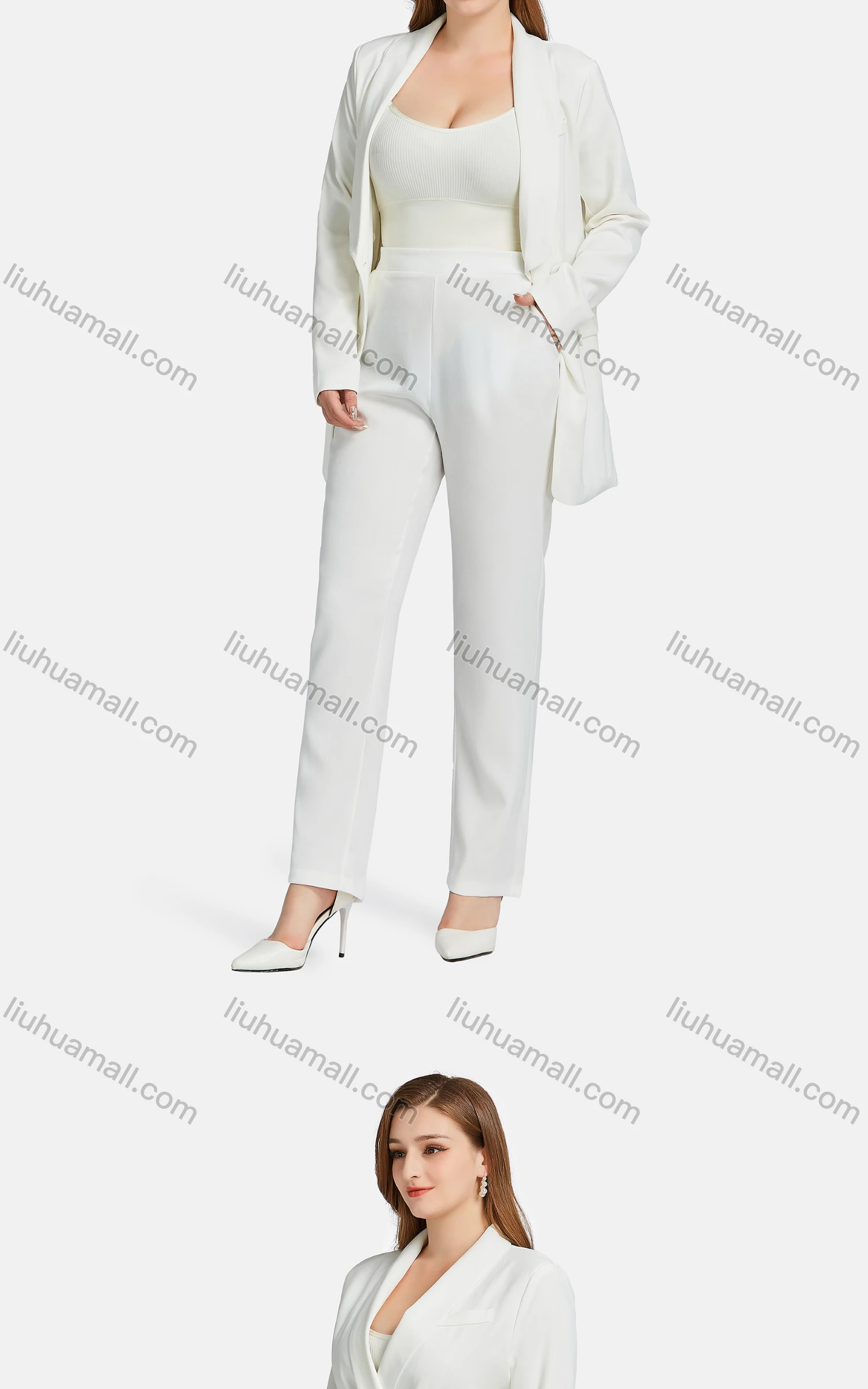 Wholesale Women's Formal Long Sleeve Button Front Belted Plain Suit Jackets 2-piece Set - Liuhuamall