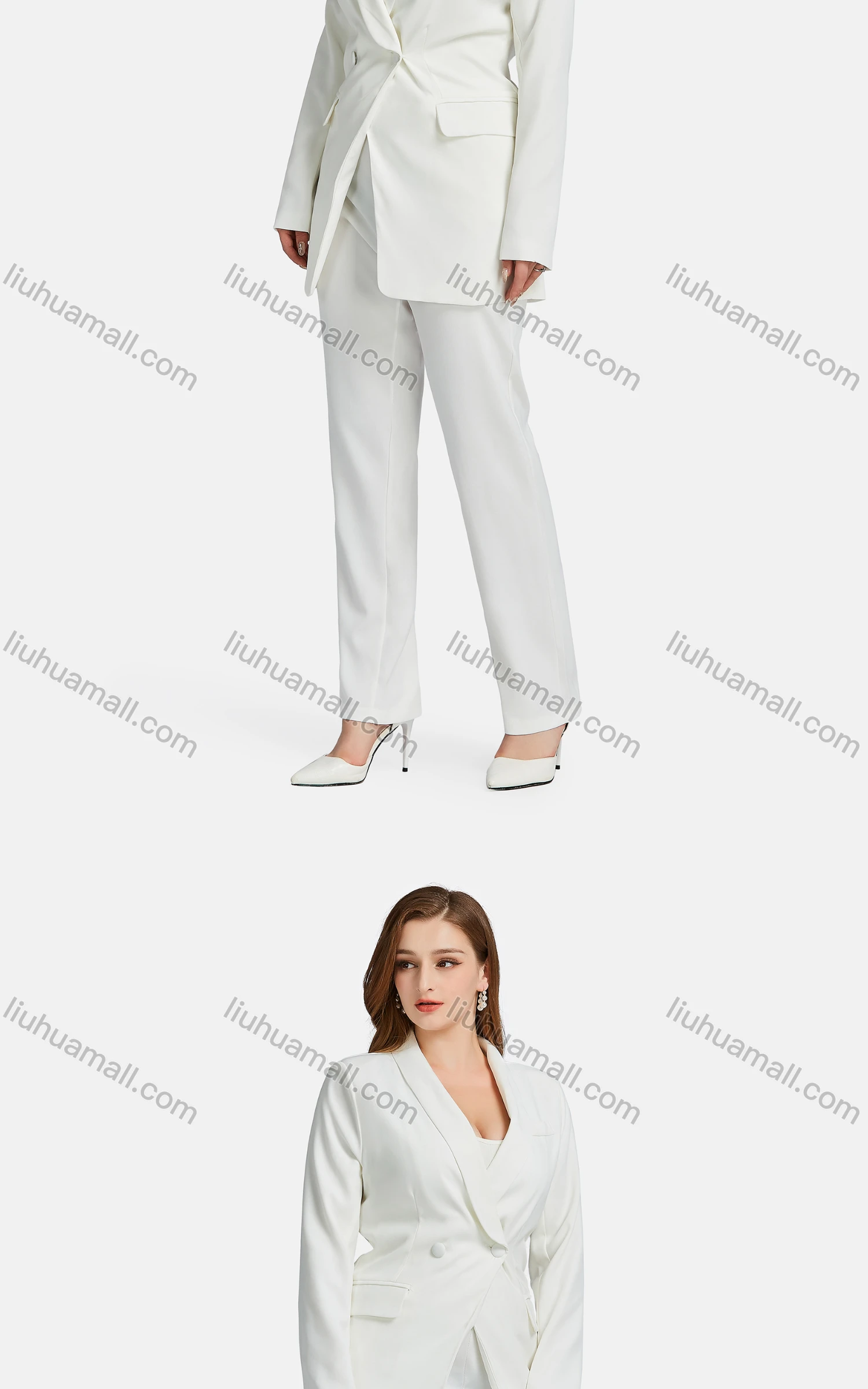 Wholesale Women's Formal Long Sleeve Button Front Belted Plain Suit Jackets 2-piece Set - Liuhuamall