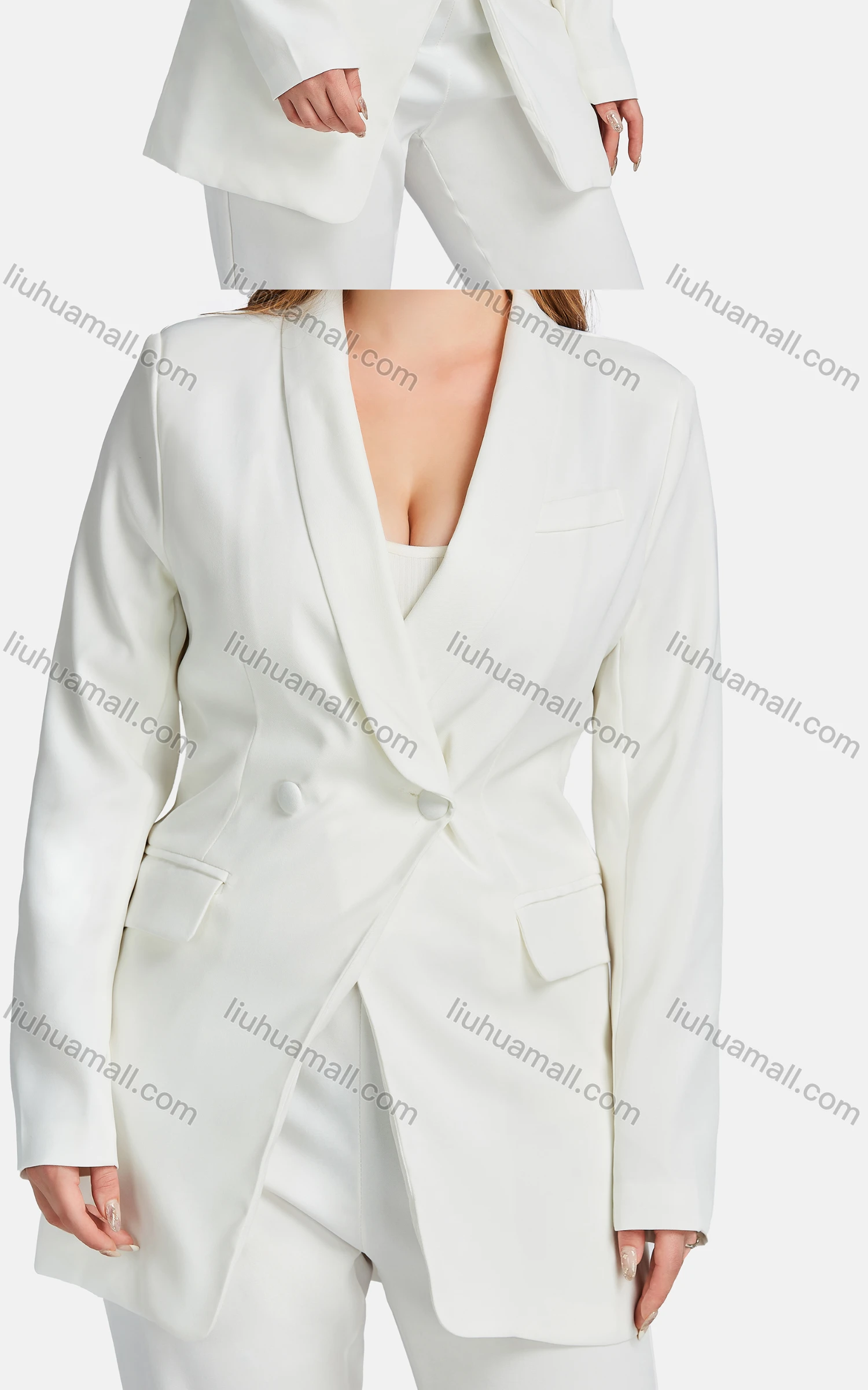 Wholesale Women's Formal Long Sleeve Button Front Belted Plain Suit Jackets 2-piece Set - Liuhuamall