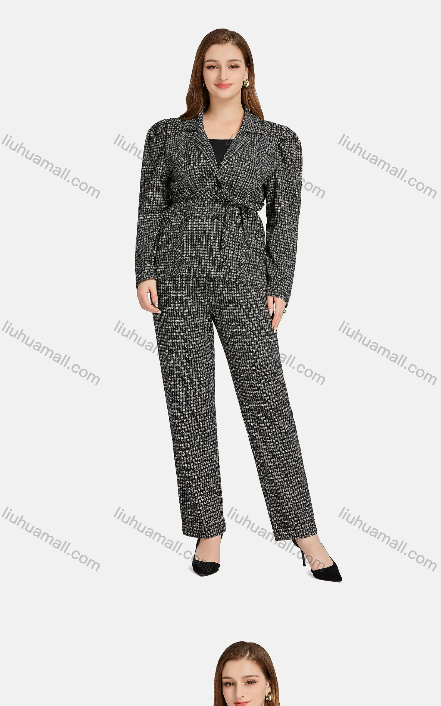 Wholesale Women's Formal Long Sleeve Button Front Plaid Suit Jackets 2-piece Set - Liuhuamall