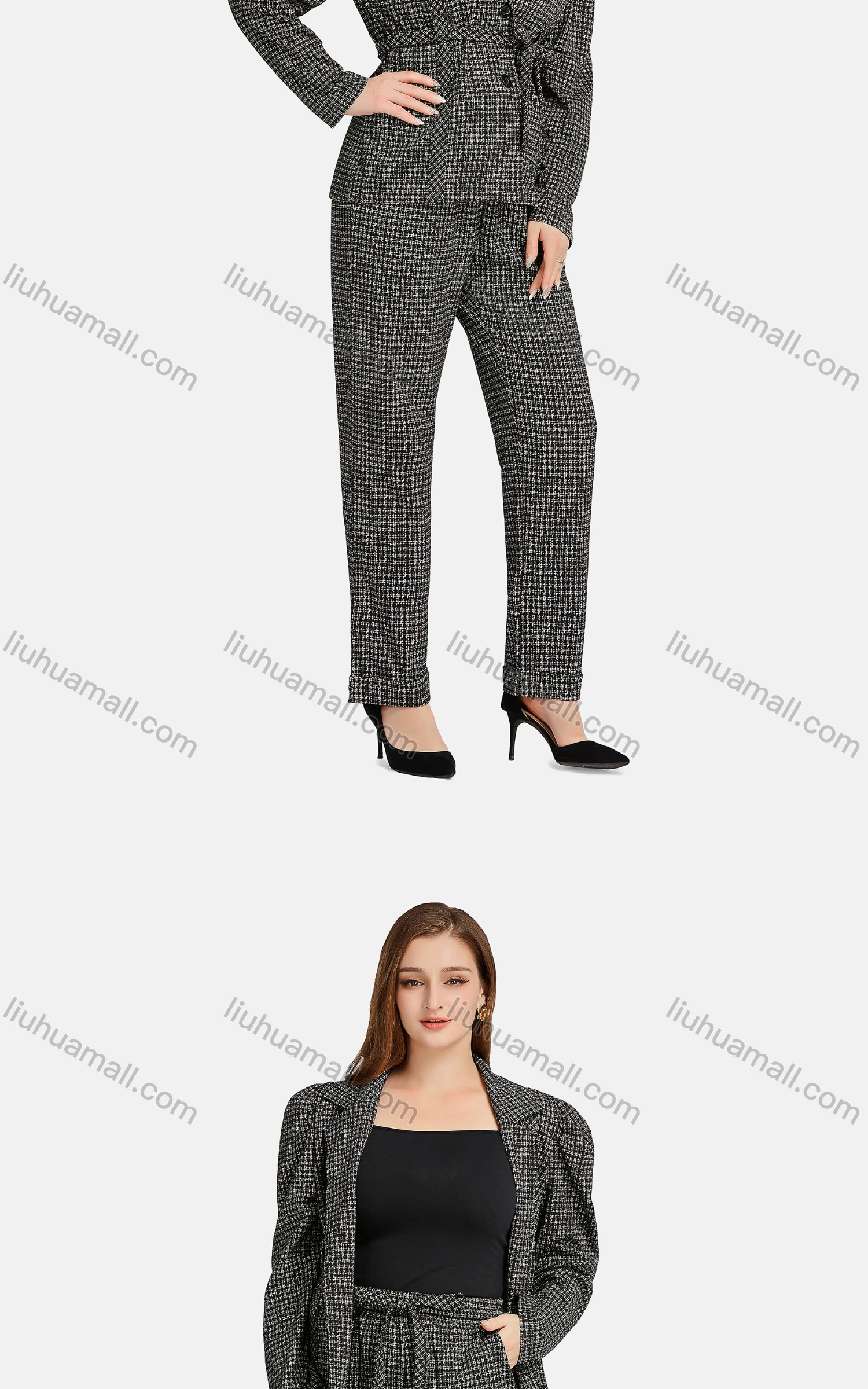 Wholesale Women's Formal Long Sleeve Button Front Plaid Suit Jackets 2-piece Set - Liuhuamall