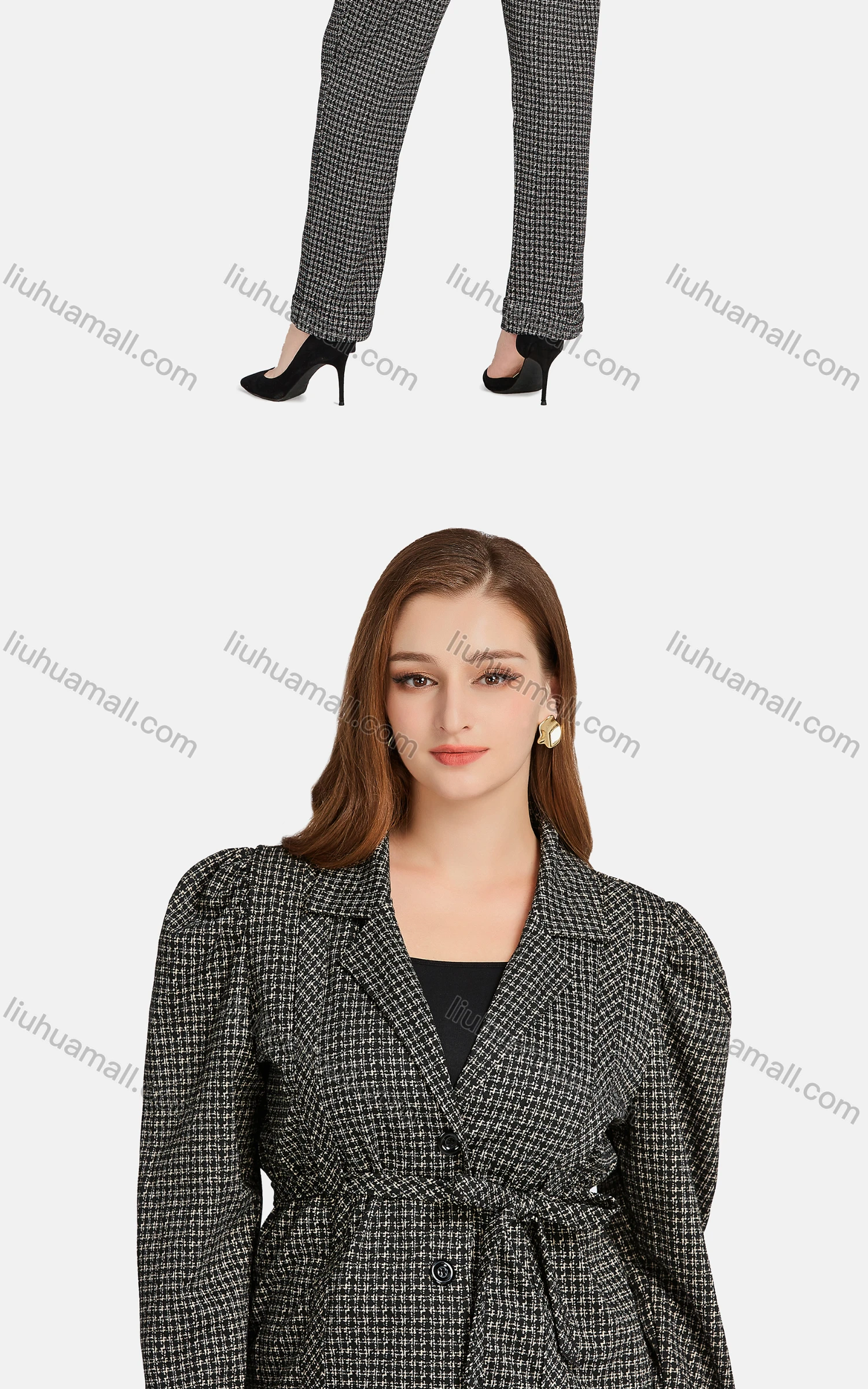 Wholesale Women's Formal Long Sleeve Button Front Plaid Suit Jackets 2-piece Set - Liuhuamall