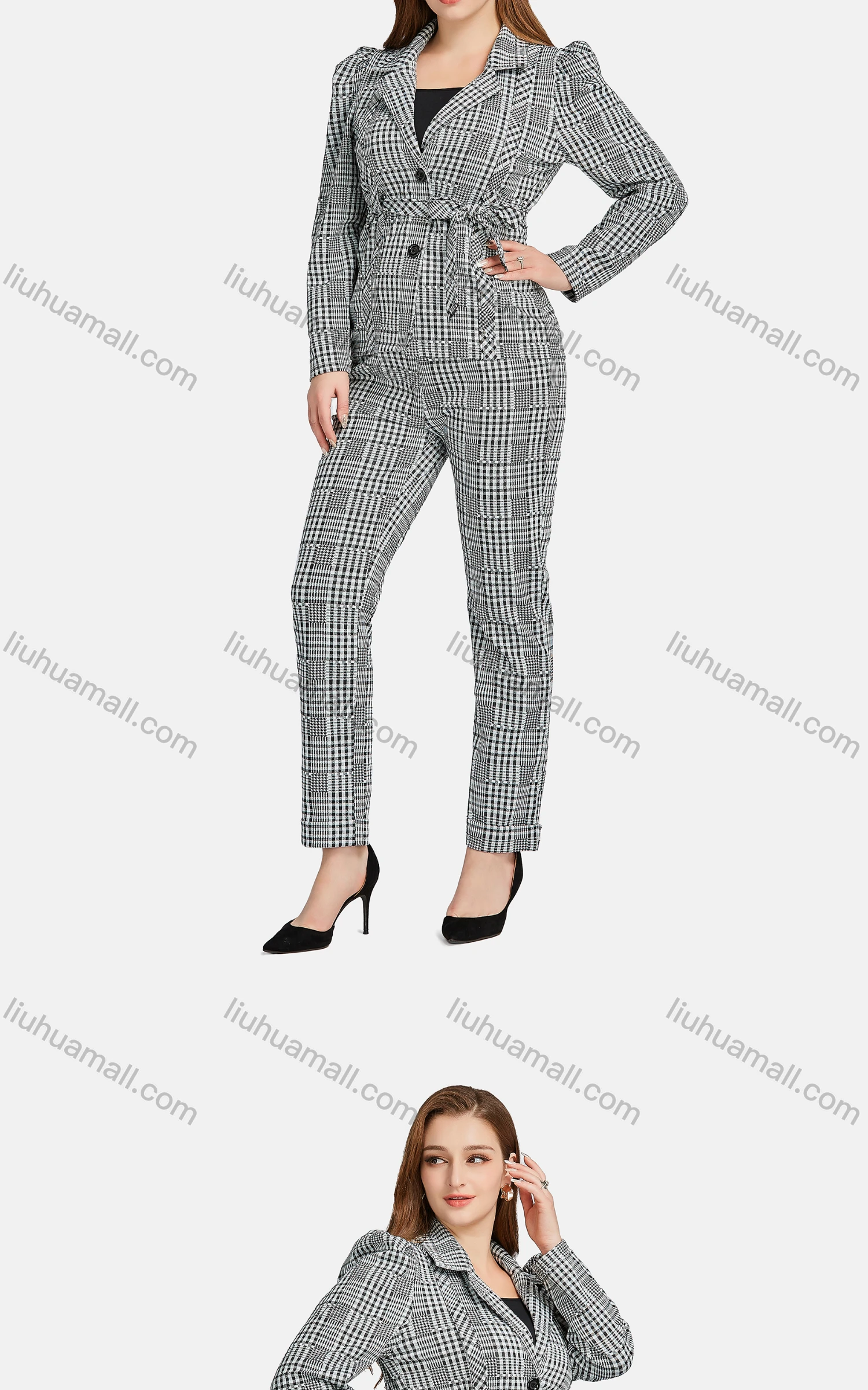 Wholesale Women's Formal Lapel Shoulder Pads Button Front Plaid Suit Jackets 2-piece Set - Liuhuamall