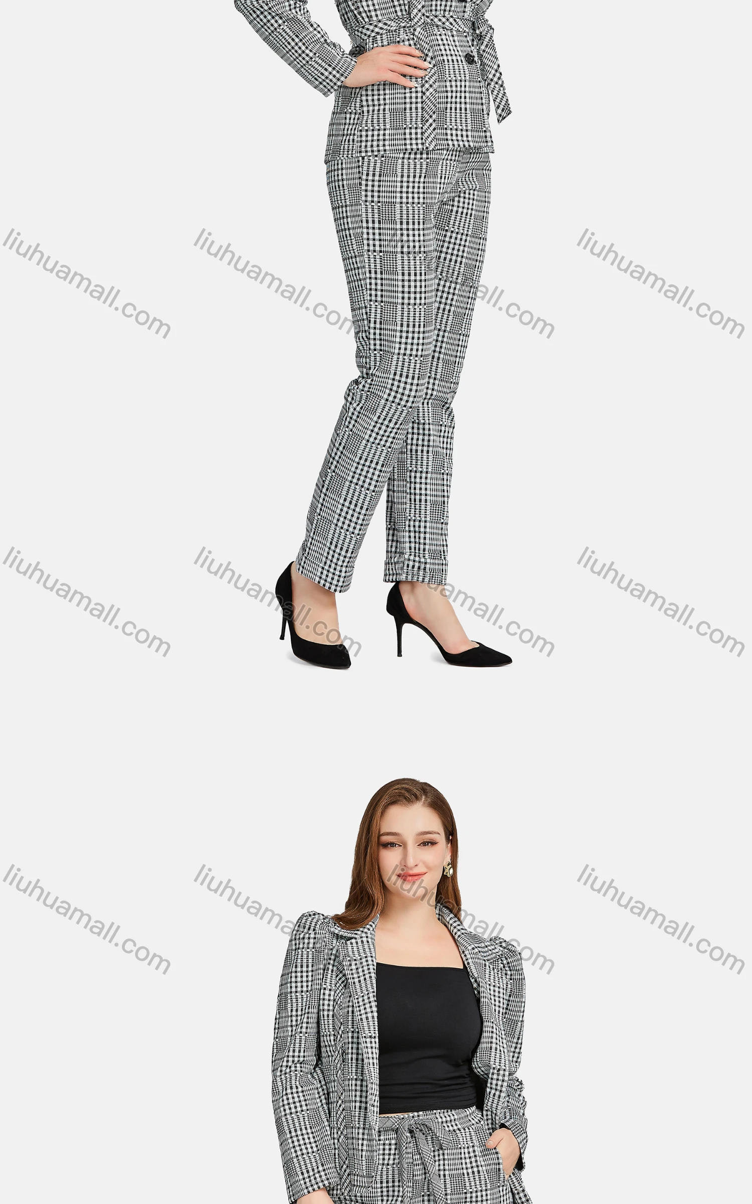 Wholesale Women's Formal Lapel Shoulder Pads Button Front Plaid Suit Jackets 2-piece Set - Liuhuamall