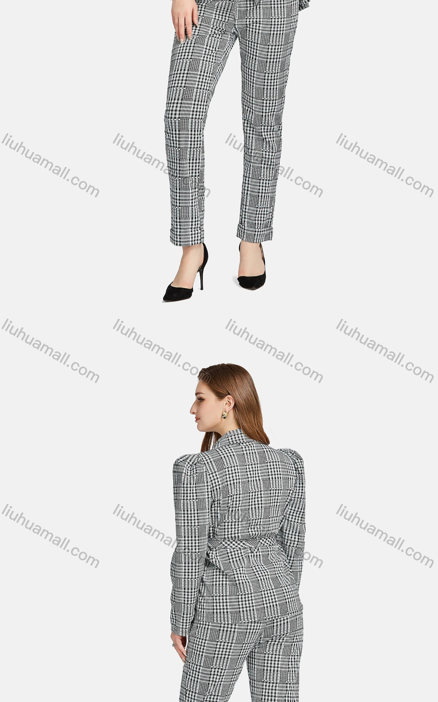 Wholesale Women's Formal Lapel Shoulder Pads Button Front Plaid Suit Jackets 2-piece Set - Liuhuamall