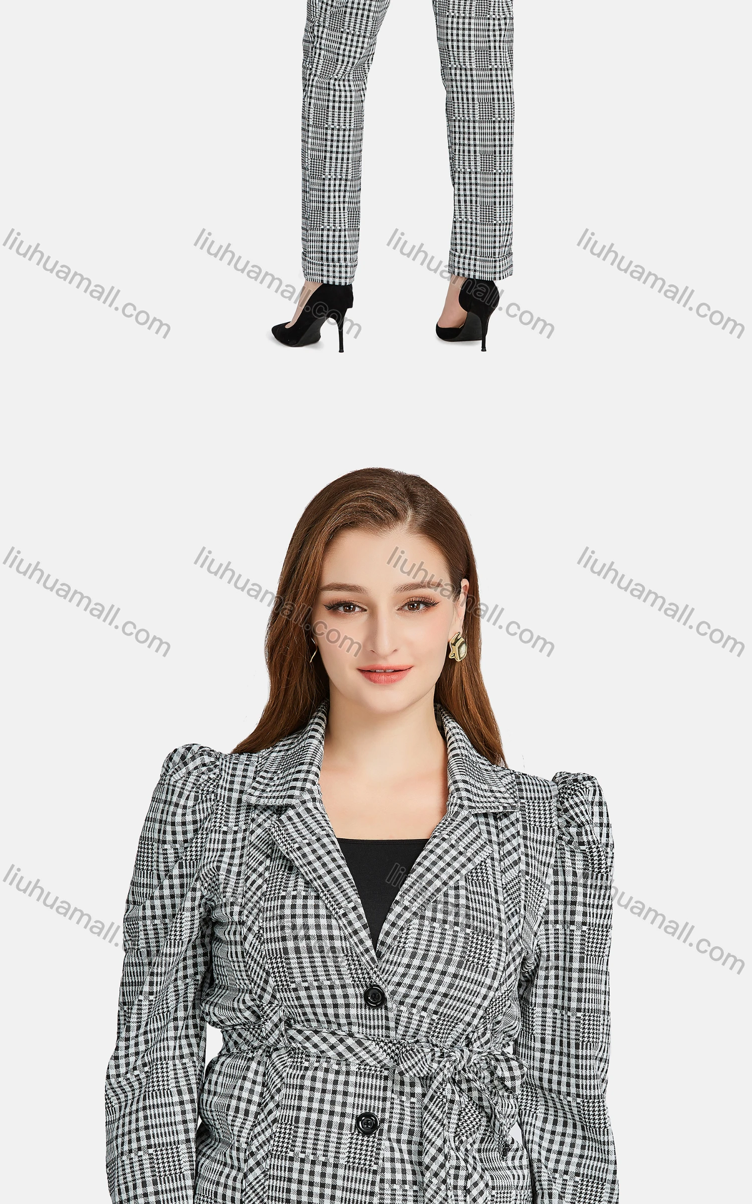 Wholesale Women's Formal Lapel Shoulder Pads Button Front Plaid Suit Jackets 2-piece Set - Liuhuamall