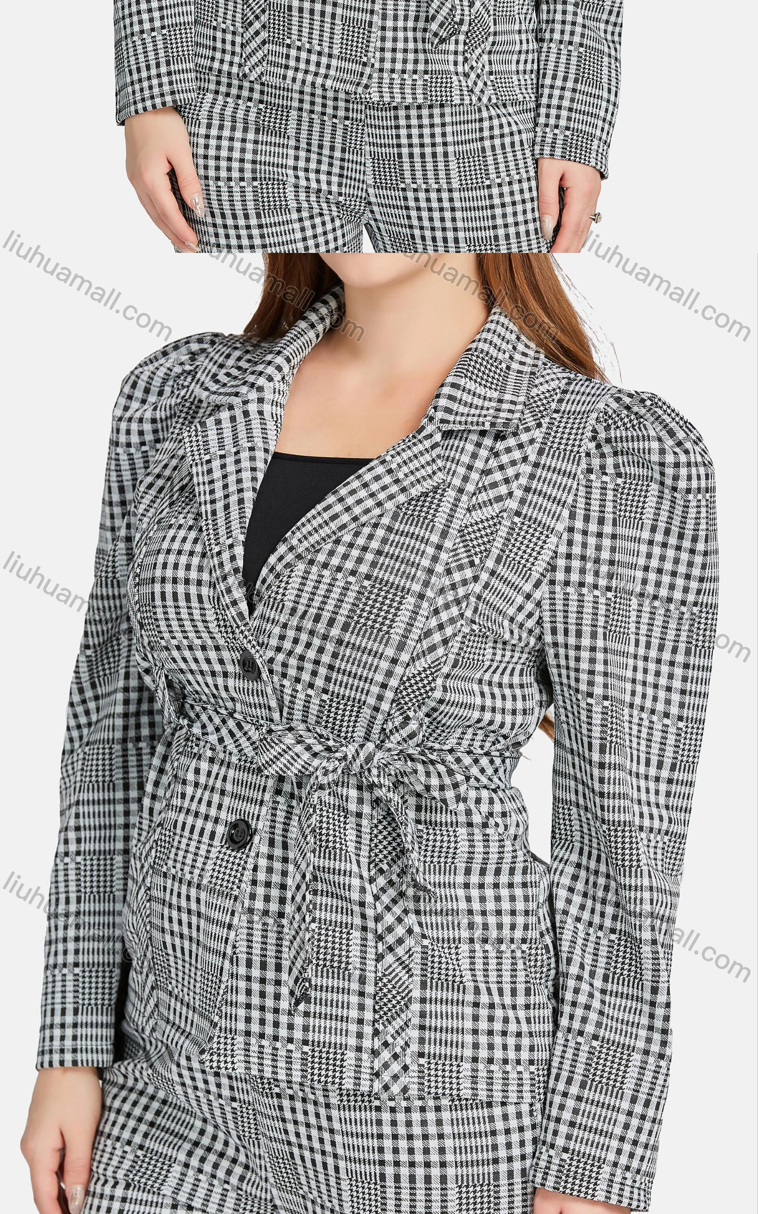 Wholesale Women's Formal Lapel Shoulder Pads Button Front Plaid Suit Jackets 2-piece Set - Liuhuamall