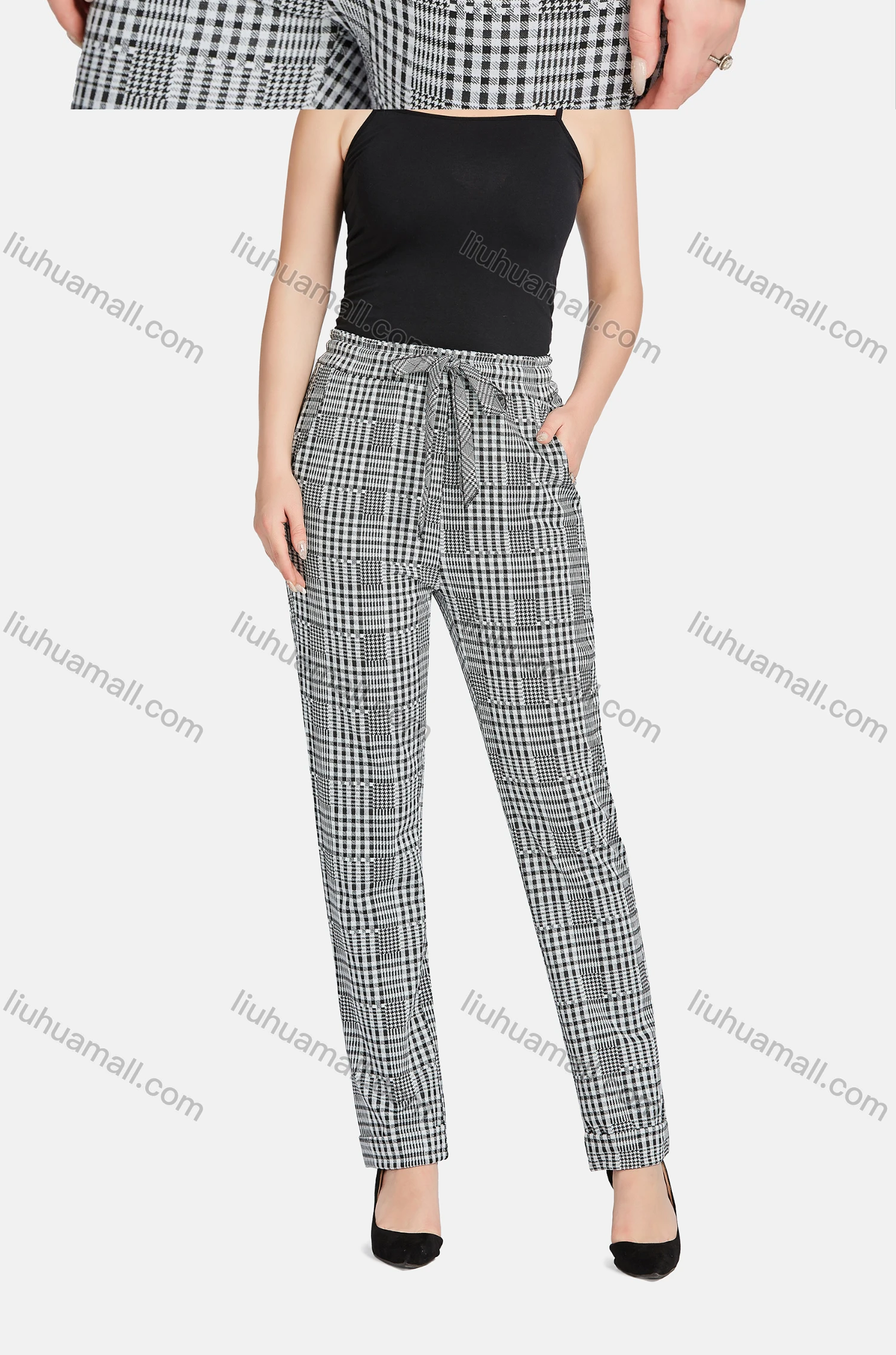 Wholesale Women's Formal Lapel Shoulder Pads Button Front Plaid Suit Jackets 2-piece Set - Liuhuamall