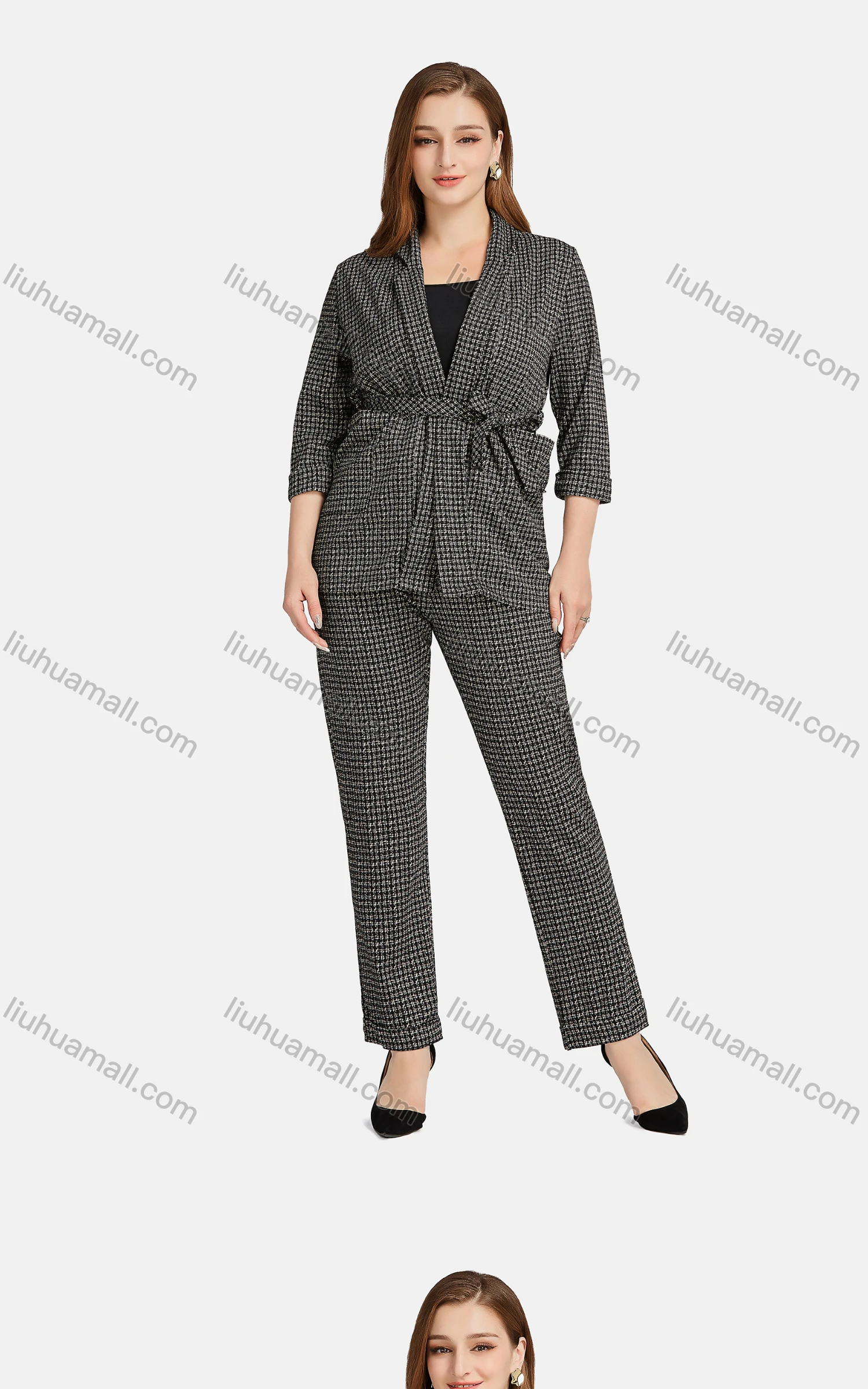 Wholesale Women's Casual Lapel Long Sleeve Tie Front Plaid Cardigan 2-piece Set - Liuhuamall