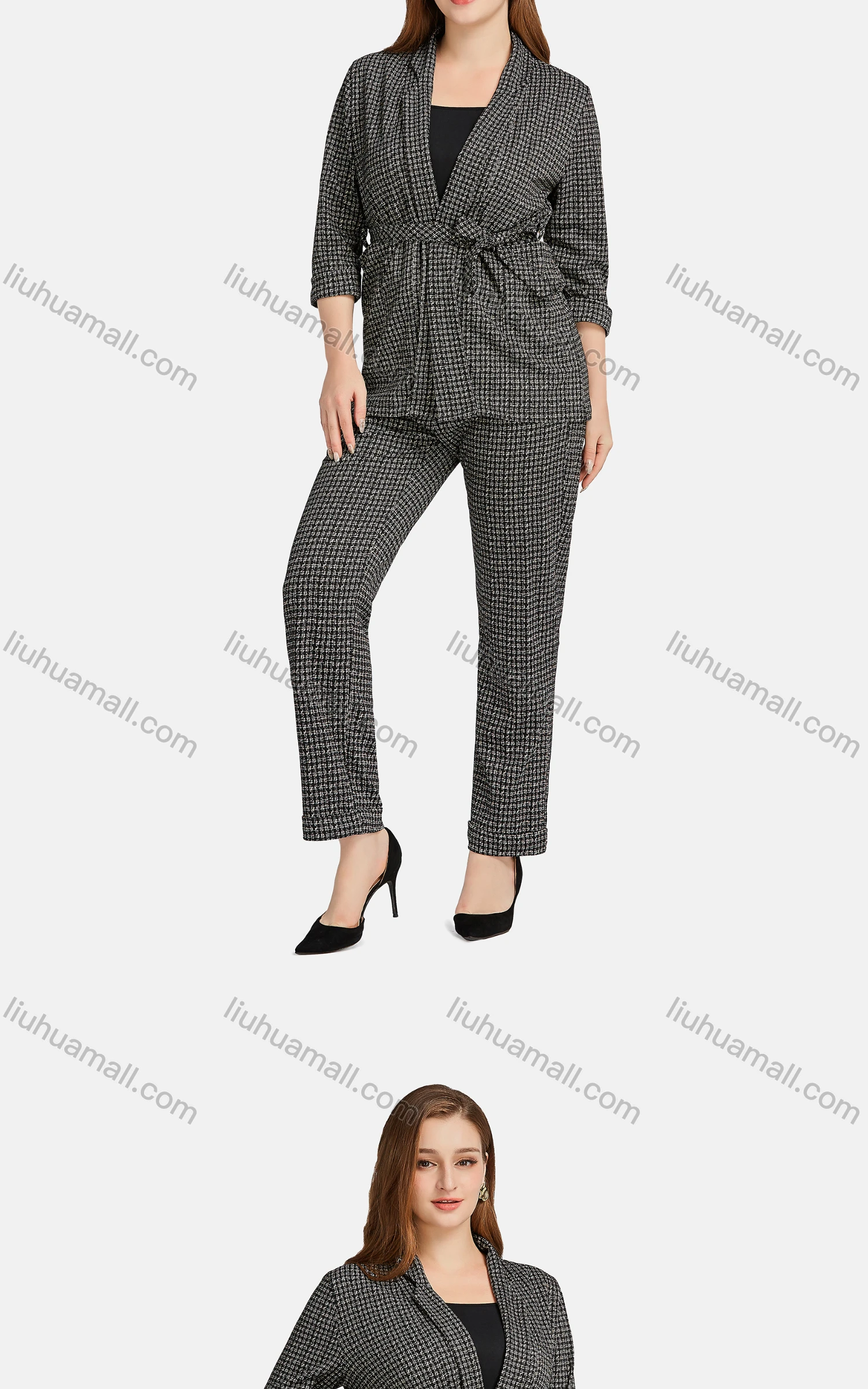 Wholesale Women's Casual Lapel Long Sleeve Tie Front Plaid Cardigan 2-piece Set - Liuhuamall