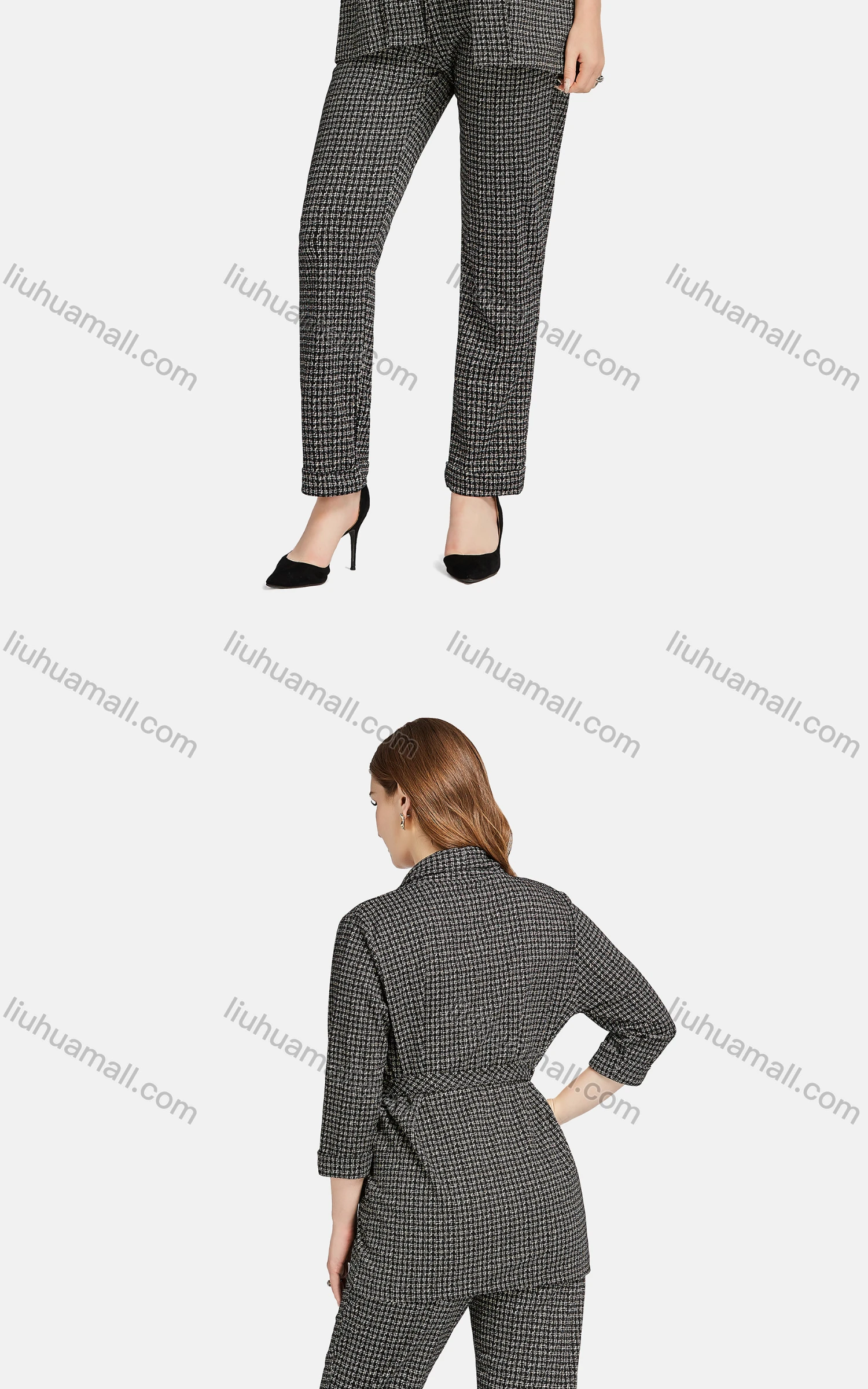 Wholesale Women's Casual Lapel Long Sleeve Tie Front Plaid Cardigan 2-piece Set - Liuhuamall