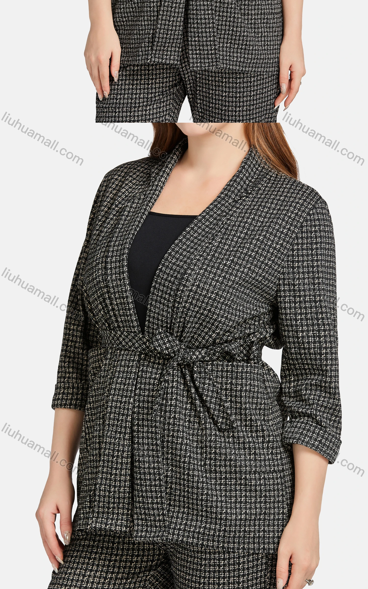 Wholesale Women's Casual Lapel Long Sleeve Tie Front Plaid Cardigan 2-piece Set - Liuhuamall