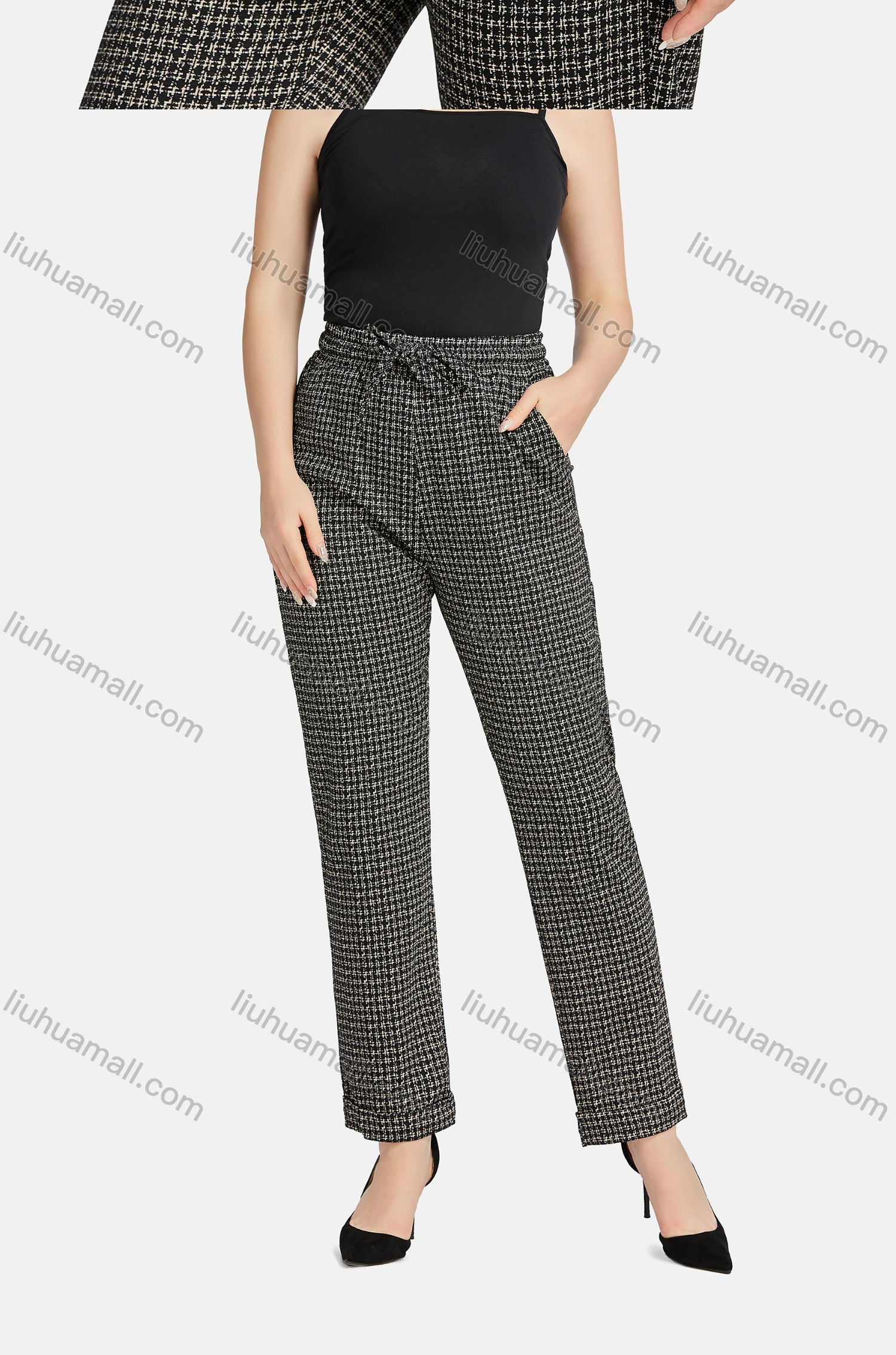Wholesale Women's Casual Lapel Long Sleeve Tie Front Plaid Cardigan 2-piece Set - Liuhuamall
