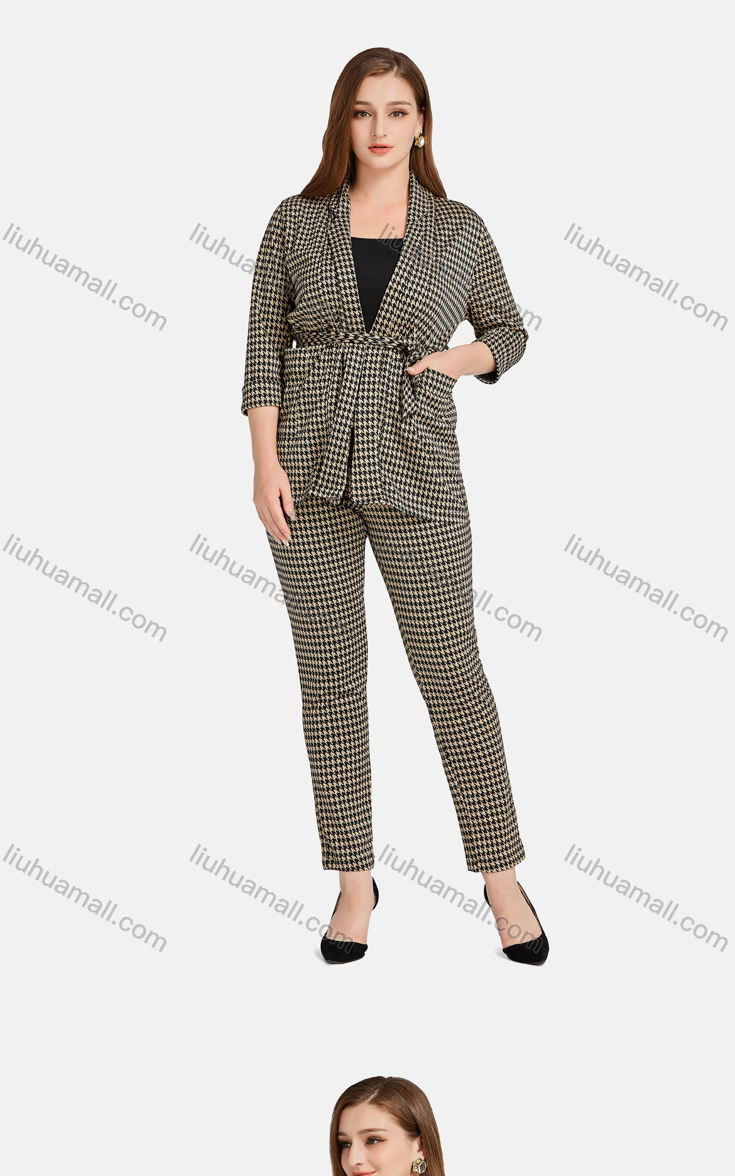 Wholesale Women's Casual Lapel Long Sleeve Tie Front Plaid Cardigan 2-piece Set - Liuhuamall