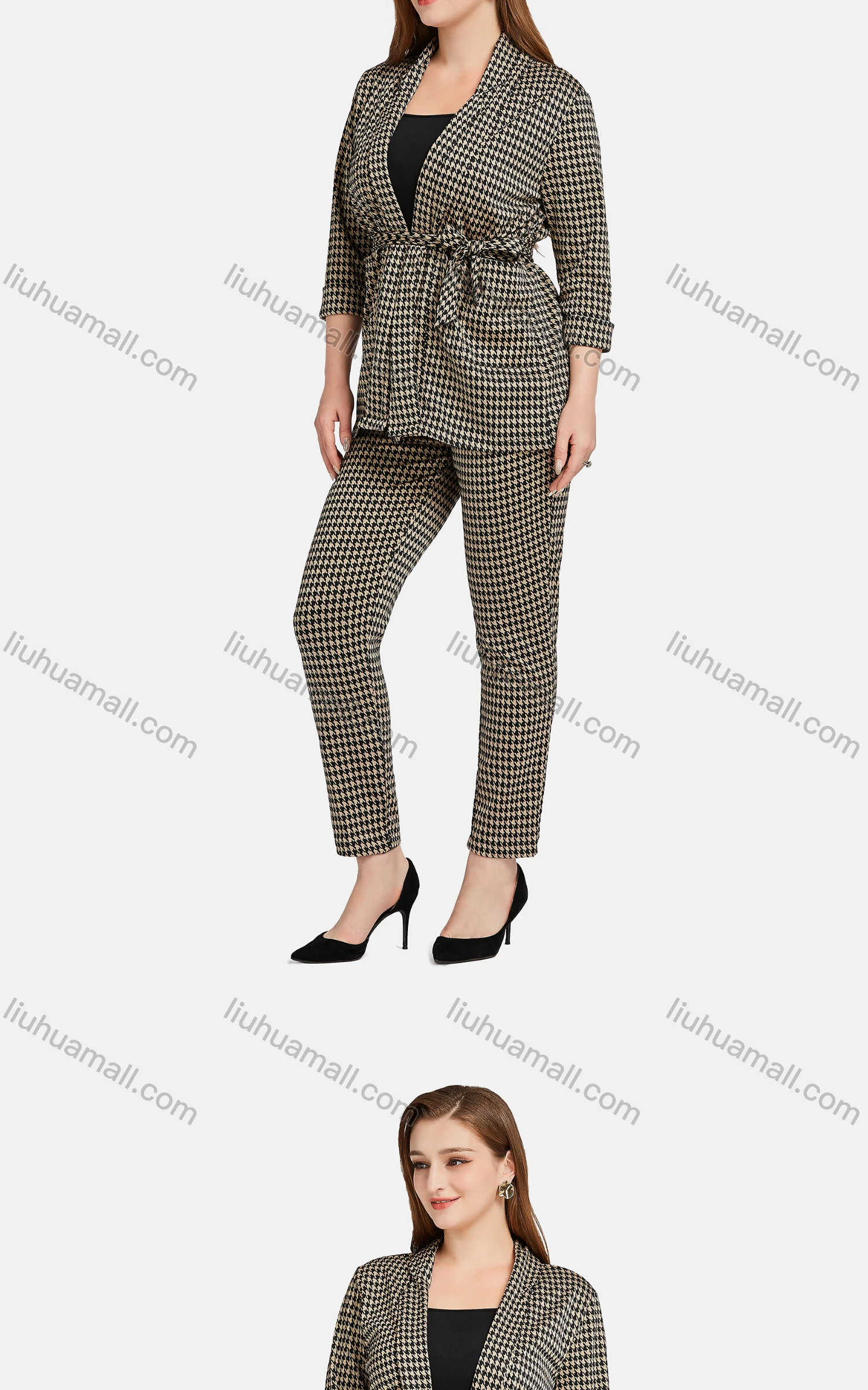 Wholesale Women's Casual Lapel Long Sleeve Tie Front Plaid Cardigan 2-piece Set - Liuhuamall