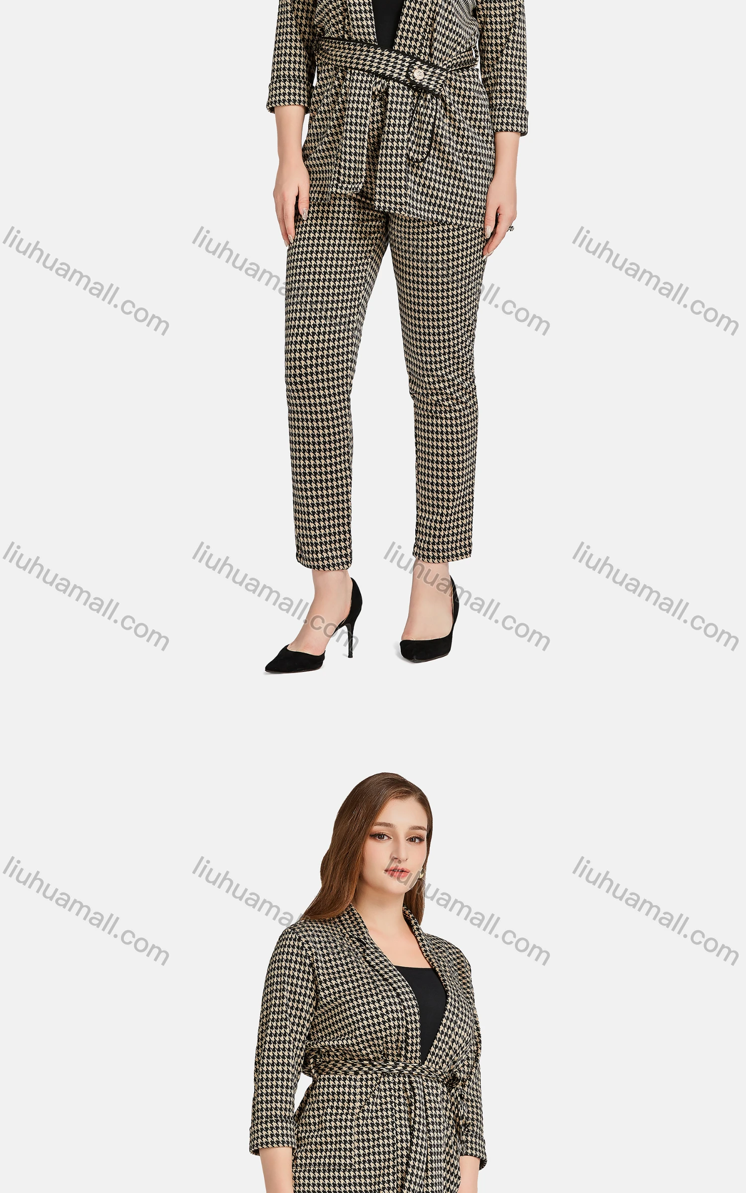 Wholesale Women's Casual Lapel Long Sleeve Tie Front Plaid Cardigan 2-piece Set - Liuhuamall