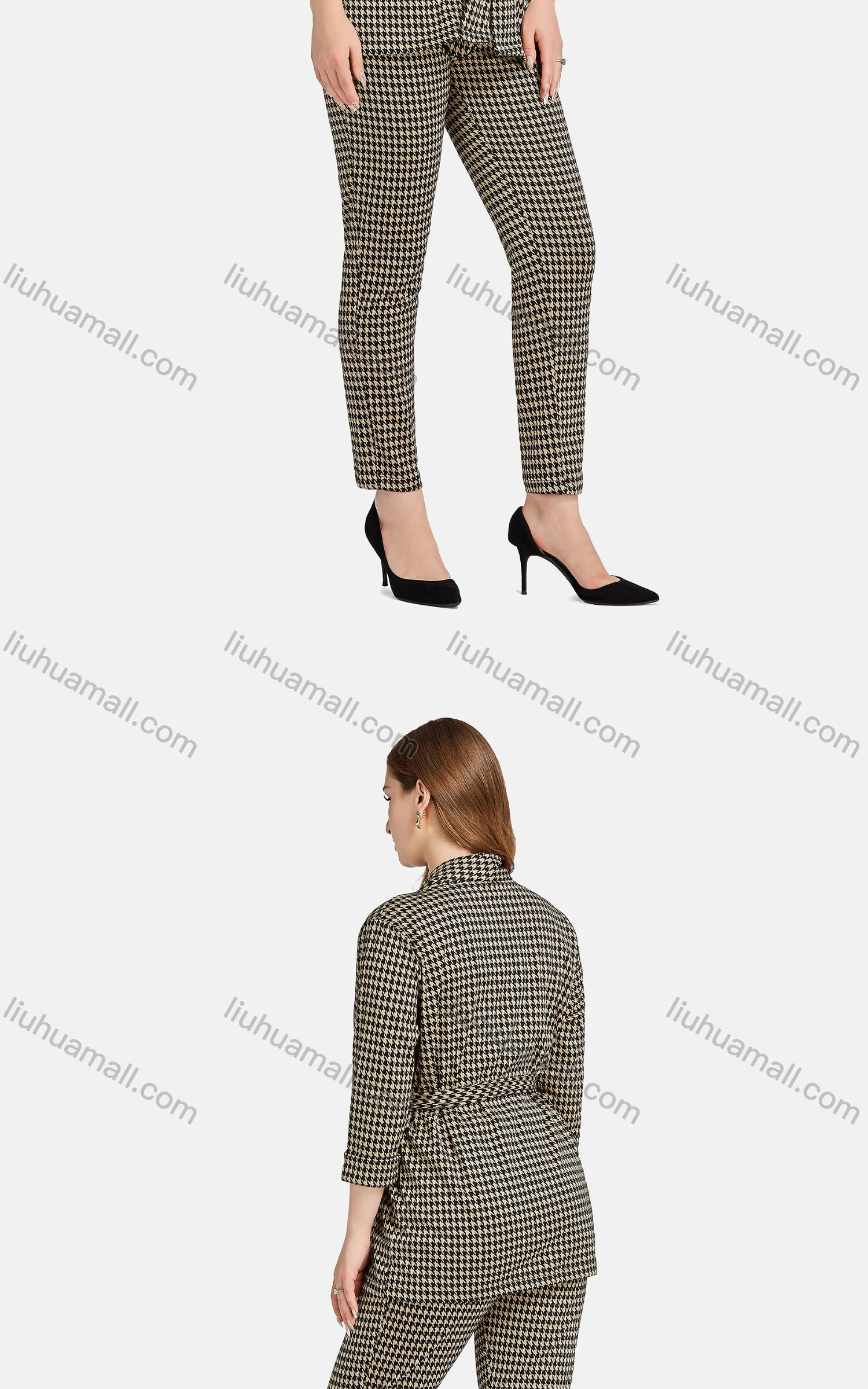 Wholesale Women's Casual Lapel Long Sleeve Tie Front Plaid Cardigan 2-piece Set - Liuhuamall