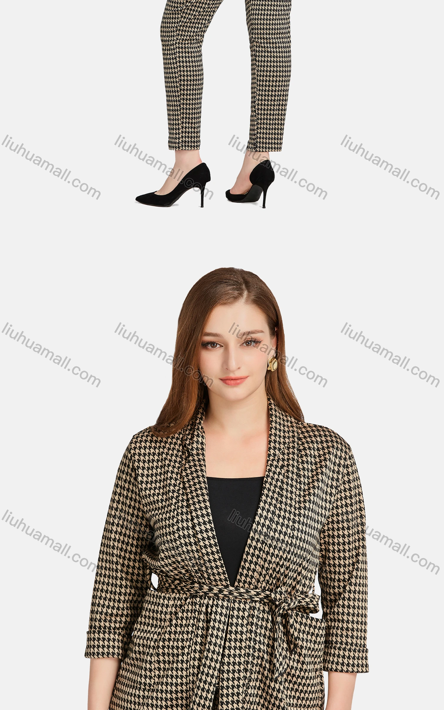 Wholesale Women's Casual Lapel Long Sleeve Tie Front Plaid Cardigan 2-piece Set - Liuhuamall