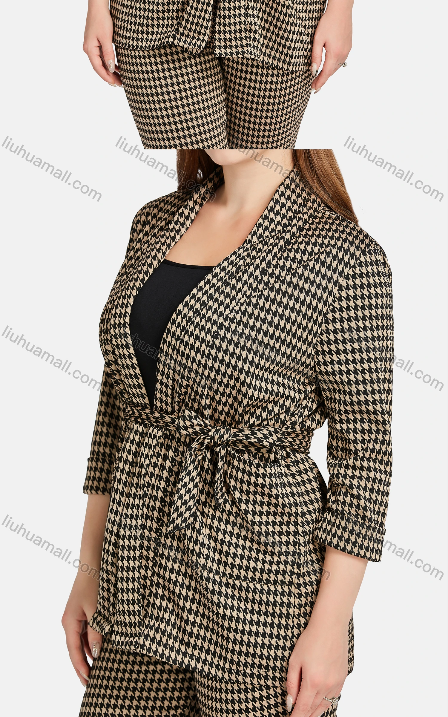 Wholesale Women's Casual Lapel Long Sleeve Tie Front Plaid Cardigan 2-piece Set - Liuhuamall
