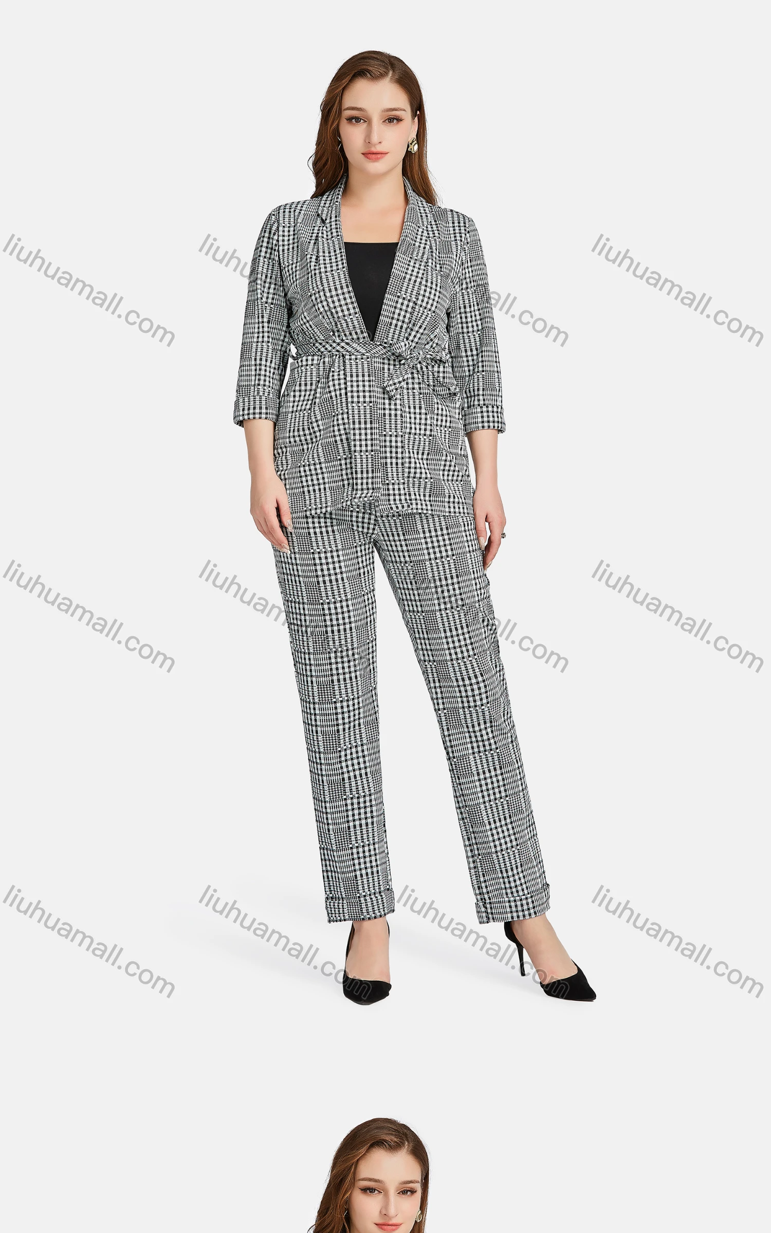 Wholesale Women's Casual Lapel Long Sleeve Tie Front Plaid Cardigan 2-piece Set - Liuhuamall